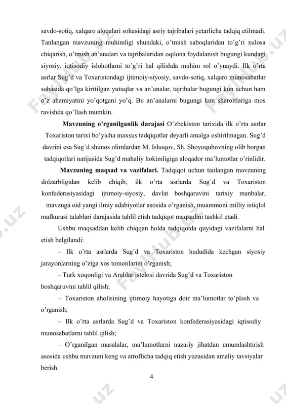 ilib, hatto muhr bilan tasdiqlab qoyilgan. i. bob. sug’d va tohariston mahalliy voha davlatlarining tashqil topish jarayonlari va ularning ijtimoiy-iqtisodiy, siyosiy hayoti 1.1 sug’d va tohariston voha davlatlarining tashqil topish jarayonlari tarixiy manbalardan ma’lumki, milodiy v-vii asrlar, ya’ni arab istilosi arafasida turon diyorida muhim siyosiy voqealar sodir bo’lgan. dastlab diyorimizga eftal qabilalarining kirib kelishi va ularning mahalliy voha davlatlari ustidan hukmronligi boshlangan. eftaliylarning movarounnahr hududiga qachon kelib o’rnashganligi noma’lum. chin solnomalarida eftaliylarni toharistonda iv asr oxiri — v asr o’rtalarida bo’lganligi tilga olinadi. lekin ular oldinroq kelgan bo’lishi kerak. chunki v— vi asrlarga oid manbalarda, masalan prokopiy kessarskiyning axborotida, eftaliylar shahar va qishloqlarda yashovchi o’troq aholi bo’lganligini qayd qilgan. so’zsiz shu davrlarda eftaliylarning katta qismi eftaliylardir. ammo ularning jangovor guruhlari ko’chmanchi yoki yarim ko’chmanchilikda yashagan bo’lishlari kerak. arab manbalarida eftaliylar xaytal nomi bilan tilga olingan1. muqaddasiy yoqut va mas’udi axborotlarida movarounnahr aholisining talaygina qismi xaytallar (eftaliy) bo’lganligini qayd etadilar. v—vi …