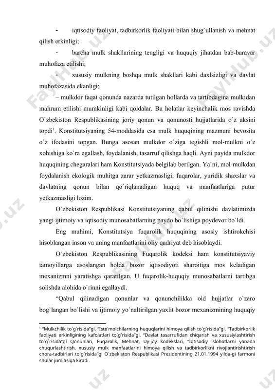 ing huquqiy tizimini jadallik bilan yaratishga ko`maklashish kerak” , – degan edi i.a.karimov. bozor munosabatlarining butun tizimini birlashtirishga va uning ichki uyg`unligini ta`minlashga xizmat qiladigan, fuqarolik-huquqiy munosabatlarni tartibga soladigan, bozor iqtisodiyoti munosabatlari talablariga qaratilgan kodifikatsiyalashirilgan qonun bu – fuqarolik kodeksidir. amaldagi fuqarolik kodeksi shaxslarning mulkiy huquqlari bilan bog`liq bo`lgan masalalarni yangicha hal qildi. unda: · xilma-xil fuqarolik-huquqiy bitimlar tuzishda keng erkinlik va imkoniyatlar berilganligi; · fuqarolarning tadbirkorlik faoliyati bilan shug`ullanishini keng tartibga solish; · fuqarolarning huquq layoqati kengaytirilganligi, ular yollanma mehnatdan foydalanish, xususiy mulkka, jumladan, xususiy korxonalarga ega bo`lishi, mulk shakllarining tengligi va uning himoyasi kafolatlanganligi; · fuqarolik-huquqiy munosabat subyekti bo`lgan yuridik shaxslarga o`z faoliyatlarini amalga oshirishda, xo`jalik ishlarini yuritishda keng imkoniyatlar berilganligini ta`kidlab o`tish joiz. fuqarolik kodeksining tuzilishi bozor iqtisodiyoti talablariga mos keladigan fuqarolik huquqi tizimiga monanddir. o`zbekiston respublikasining joriy qonunlari ham fuqarolik huquqining manbai hisoblanadi. ularga mulkchilik to`g`risidagi, ijara to`g`risidagi, tadbirkorlik faoliyati erkinligining kafolatlari to`g`risidagi, qimmatli qrog`ozlar va …