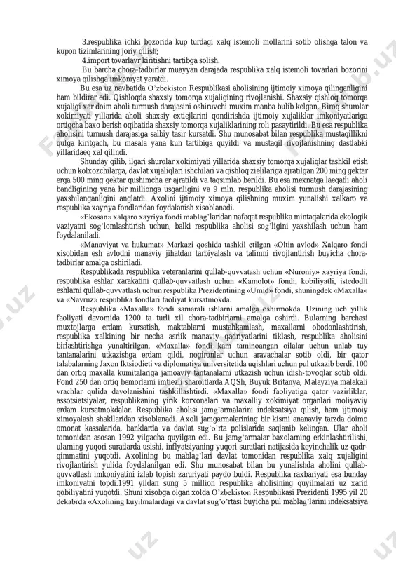haxslarni ishsizlik buyicha nafaqa tulash, kasbga tayergarligi davomida stipendiya berish bilan bepul uqitish, ishsiz shaxs oilasidagi xar bir boqimanda uchun ishsizlik buyicha nafaqalariga 10 foizli ustama tulash shaklida moddiy jihatdan qullab-quvvatlash. malumki, xar bir tuman, shaxar, viloyat va umuman respublikada 2010 yilgacha bulgan davr uchun aholini ish bilan taminlash buyicha dasturlar ishlab chiqilgan edi va bu dasturlar respublikada tegishli bandlik xizmatlari orqali muvaffakiyatli amalga oshirilmoqda.bandlik xizmatlari 6 yildan buen faoliyat kursatmokda. ular kasb yunalishlari buyicha bepul maslaxatlar beradilar, ishga joylashtiradilar, yangi ishchi urinlari barpo etishga erdam beradilar. agar bandlik xizmati organlarida qayd qilingandan sung 10 kun davomida ishsizni ishga joylashtirmasalar, u xolda komissiya qaroriga muvofiq u ishsiz deb tan olinadi va qayd etilgan kundan boshlab unga yarim yil davomida nafaqa beriladi. uning xajmi esa kuyidagilarga bog’liq: - agar kishi birinchi marta ish qidiraetgan bulsa, minimal ish xaqining 75 foizidan kam bulmagan miqdorda; - agar kishi bir yildan ortiq vaqt davomida …