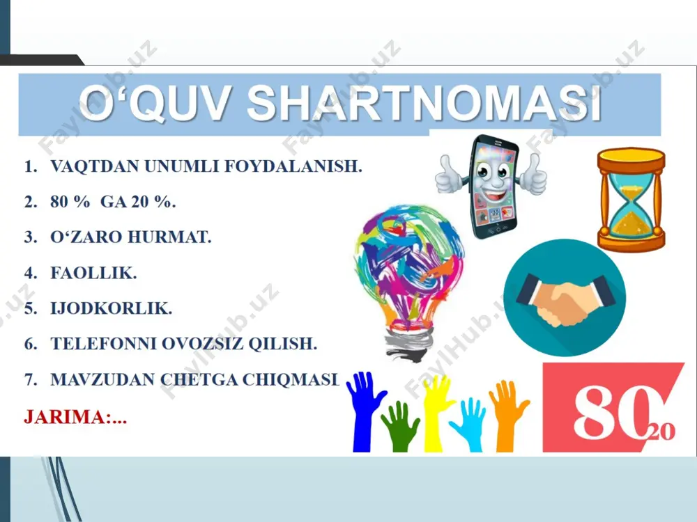 oshlanib, yaxshilik bilan tugaydi. 5. fidbek boshlovchisi hammaga tashakkur bildiradi. fidbek (fikr, idrok, diqqat, bilim etkazish ko'nikmasi) mashg'ulot tahlilining zamonaviy tuzilmasi mashg'ulot kuzatganda 3 kishi fidbek beruvchi bo'ladi. 1 tasi boshlovchi bo'ladi. avval tarbiyachiga so'z beriladi: - siz o'zingizni nimalaringiz bilan maqtaysiz? - nima yoqdi? - keyingi safar nimani boshqacha qilardingiz? keyin sheriklariga so'z beradi. avval mashg'ulotni ijobiy tomoni aytilib, kamchilik emas, tavsiya deb aytiladi, menimcha,.. yaxshi bo'lar edi. 2-fidbek beruvchi, 1-ni takrorlamagan holda, 1-yaxshi tomoni, 2-tavsiyalari aytiladi. fidbek boshlovchi ham takrorlamagan holda yutuq va tavsiyalarni aytadi. fsmu f-fikringiz s-sababi m-munosabat u-umumiy xulosa tarbiyachining funktsiyalari sinkveyn metodi. metodning maqsadi: «sinkveyn» so'zi frantsuzcha so'zdan olingan bo'lib, «besh misradan iborat she'r» tarjimasini beradi. «sinkveyn» tayanch kasbiy tushunchalar va axborotlarni refleksiyalash, sintezlash va umumlashtirishda tezkor vosita hisoblanadi. «sinkveyn» tuzish tartibi oila__________________ot mustahkam, sog'lom_____sifat tarbiyalaydi,ximoya qiladi, shakllantiradi _ fe'l oila – jamiyatning muhim bo'g'ini - gap vatan-----------------------------------sinonim «sinkveyn» tuzish tartibi tarmoq__________________ot mintaqaviy, lokal_____sifat uzatadi, …