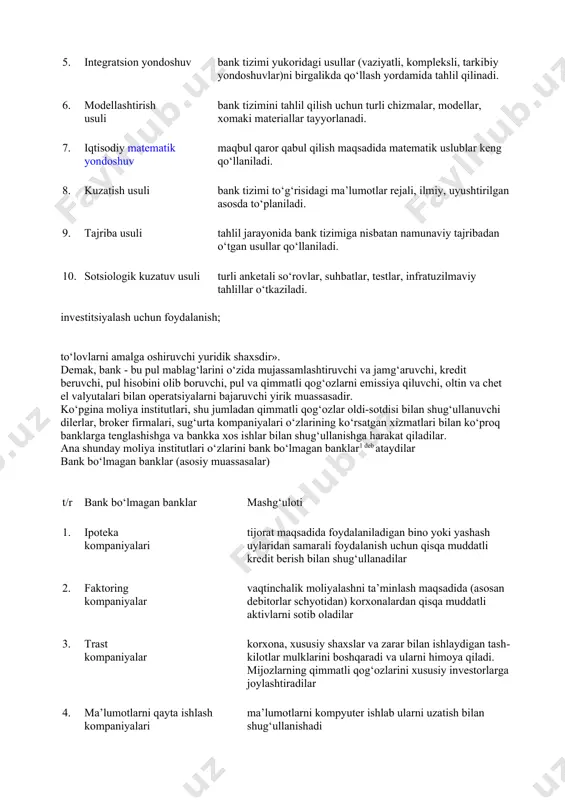 kda qaraladi. 3. tarkibiy yondoshuv bank tizimi tarkibiy qismlarga bo‘lib o‘rganiladi. 4. vaziyatli yondoshuv bank tizimining muayyan sharoitdagi ichki va tashqi vaziyatiga qarab tegishli ma’qul usul qo‘llaniladi. 5. integratsion yondoshuv bank tizimi yukoridagi usullar (vaziyatli, kompleksli, tarkibiy yondoshuvlar)ni birgalikda qo‘llash yordamida tahlil qilinadi. 6. modellashtirish usuli bank tizimini tahlil qilish uchun turli chizmalar, modellar, xomaki materiallar tayyorlanadi. 7. iqtisodiy matematik yondoshuv maqbul qaror qabul qilish maqsadida matematik uslublar keng qo‘llaniladi. 8. kuzatish usuli bank tizimi to‘g‘risidagi ma’lumotlar rejali, ilmiy, uyushtirilgan asosda to‘planiladi. 9. tajriba usuli tahlil jarayonida bank tizimiga nisbatan namunaviy tajribadan o‘tgan usullar qo‘llaniladi. 10. sotsiologik kuzatuv usuli turli anketali so‘rovlar, suhbatlar, testlar, infratuzilmaviy tahlillar o‘tkaziladi. investitsiyalash uchun foydalanish; to‘lovlarni amalga oshiruvchi yuridik shaxsdir». demak, bank - bu pul mablag‘larini o‘zida mujassamlashtiruvchi va jamg‘aruvchi, kredit beruvchi, pul hisobini olib boruvchi, pul va qimmatli qog‘ozlarni emissiya qiluvchi, oltin va chet el valyutalari bilan operatsiyalarni bajaruvchi yirik muassasadir. ko‘pgina moliya institutlari, …