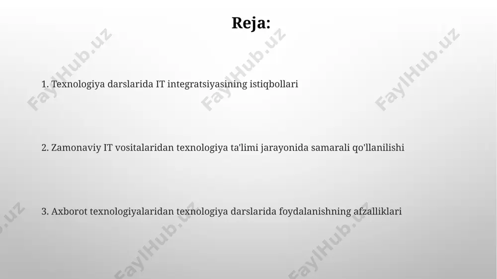 haqida chuqur tushuncha berish muhim. texnologiya darslarida axborot texnologiyalaridan foydalanishning ahamiyati zamonaviy axborot texnologiyalari, jumladan, 3d modellashtirish va animatsiya dasturlari, murakkab texnik tushunchalarni sodda va tushunarli tarzda tushuntirishga yordam beradi va o'quv natijalarini 25% ga oshiradi. interaktiv o'yinlar, simulyatsiyalar va virtual laboratoriyalar kabi it vositalari o'quv jarayonini yanada qiziqarli va samarali qilib, o'quvchilarning tushunish darajasini 15-20% ga yaxshilaydi. 3d modellashtirish va dizayn 3d modellashtirish dasturlari, masalan, blender yoki tinkercad, talabalarga 3 o'lchovli ob’ektlarni loyihalash va yaratishda amaliy ko'nikmalarni rivojlantirish imkonini beradi, bu esa dizayn fikrlashini yaxshilashga yordam beradi. talabalar 3d printerlardan foydalanib, o'zlari yaratgan 3d modellarning jismoniy prototiplarini chop etishlari mumkin, bu esa ularning dizaynlarini real dunyoda sinab ko'rish imkonini beradi va muhandislik tamoyillarini chuqurroq tushunishga yordam beradi. loyiha va guruh ishlari google docs, slides kabi hamkorlik vositalaridan foydalanish loyiha va guruh ishlarida ma'lumotlarni real vaqtda almashish imkoniyatini ta'minlab, 30% ga yaqin vaqtni tejashga yordam beradi. loyiha va guruh ishlarida …