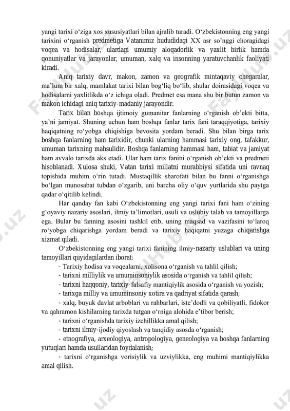 hamiyatga ega bo‘ladi. shuningdek, o‘z mazmun-mohiyatiga ko‘ra birlamchi va ikkilamchi maqomga egadir. birlamchi manbaga tarixiy hujjatlarning asl nusxasi kirsa, ikkilamchi manbaga esa, mana shu birlamchi manbalarning e’lon qilingan nusxalari, kitob holatiga keltirilganlari kiradi. o‘zbekistonning eng yangi tarixi fani nuqtai nazaridan tarixiy manbalar sifatida mustaqillikn asosi bo’lgan hujjatlar ya’ni mustaqillik deklaratsiyasi, mustaqillik asoslari to’g’risidagi qonun, davlat tili to’g’risidagi qonun kabi qator hujjatlarni kiritish mumkin. o‘zbekistonning eng yangi tarixi fani ham boshqa ijtimoiy fanlarga nisbatan aniq fan. shuning uchun ham u matematika usulidan keng foydalaniladi. tarixiy voqea va hodisalar qat’iy aniqlikda, davriy ketma-ketlik-xronologik asosda o‘rganiladi. shu bilan birga tarixiy voqelikning sabab va oqibatlari aniqlanib, shakl-shamoyillari va holati belgilanadi. o‘zbekiston tarixi o‘tmishda ijtimoiy- iqtisodiy hayotining rivojlanishi va tanazzulning sabab va oqibatlarini o‘rganib, ulardan kelajak uchun zarur saboq va xulosalar chiqaradi. o‘zbekistonning eng yangi tarixi insoniyat jamiyatining faqat bir qirrasini emas, balki hamma tomonlarini uzviy bog‘liqlikda, bir butunlikda o‘rganadi. mustaqillik yillarida o‘zbekiston respublikasida davlat …