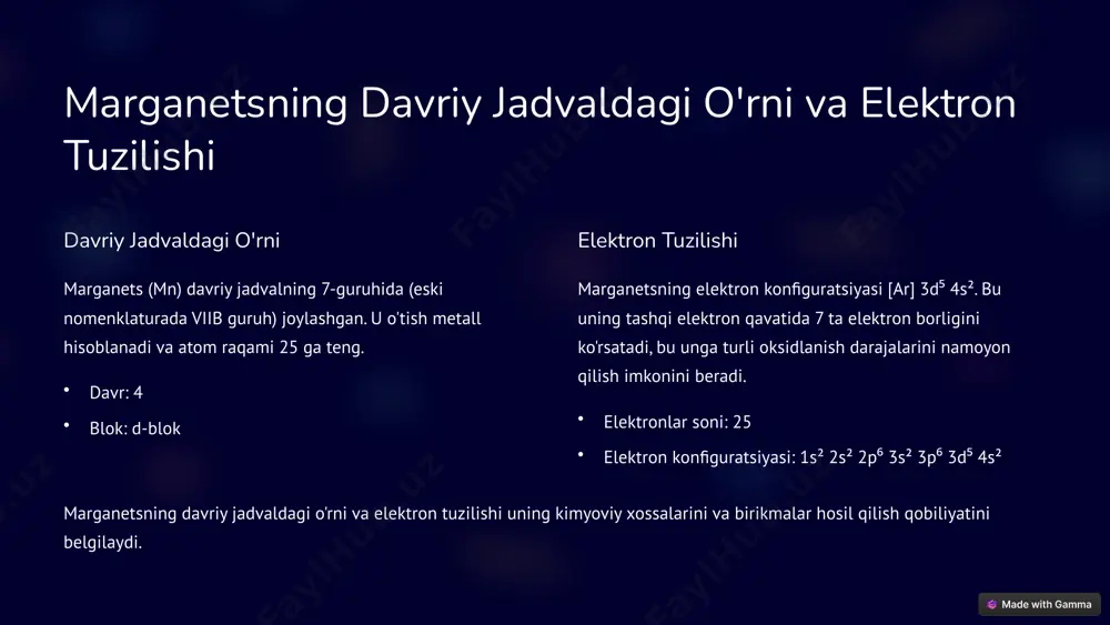 li marganets oksidlarini hosil qiladi. mn + o₂ → mno, mno₂, mn₂o₃ marganetsning kimyoviy xossalari uning turli birikmalar hosil qilish qobiliyatini va ularning xossalarini belgilaydi. 4 marganets oksidlari: mno, mn₂o₃, mno₂, mn₂o₇ va ularning xossalari mno (marganets(ii) oksidi) yashil rangli kristall modda. asosli xususiyatlarga ega va kislotalar bilan reaksiyaga kirishadi. mn₂o₃ (marganets(iii) oksidi) qora rangli qattiq modda. amfoter xususiyatlarga ega va oksidlovchi sifatida ishlatiladi. mno₂ (marganets(iv) oksidi) qora-jigarrang rangli kukun. kuchli oksidlovchi va katalizator sifatida ishlatiladi. quruq batareyalarda qo'llaniladi. marganets oksidlari turli oksidlanish darajalarida mavjud bo'lib, ularning xossalari va qo'llanilishi har xil. 5 marganetsning muhim birikmalari: permanganatlar (kmno₄), manganatlar (k₂mno₄) 1 permanganatlar (kmno₄) kaliyli permanganat (kmno₄) - to'q binafsha rangli kristall modda. kuchli oksidlovchi va dezinfektsiyalovchi sifatida ishlatiladi. suvni tozalashda tibbiyotda antiseptik sifatida kimyoviy sintezda reaktiv sifatida 2 manganatlar (k₂mno₄) kaliyli manganat (k₂mno₄) - yashil rangli modda. barqaror emas va permanganatga o'tishi mumkin. oksidlovchi sifatida kimyoviy analizda reaktiv sifatida permanganatlar …
