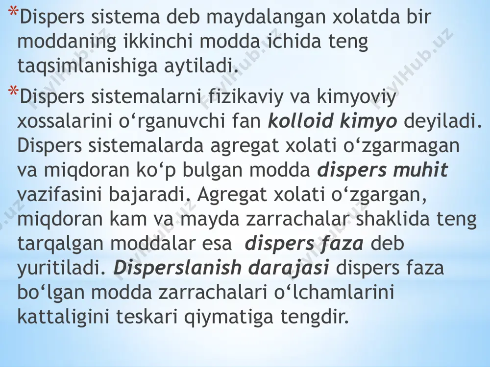 angan cho‘kmalarni kimyoviy reagentlar (peptizatorlar) ta’sirida maydalash (geldan zolga o‘tkazish) bilan. kolloid eritmalarni olish uchun ishlatiladigan kondensatsion usullarning ko‘pi hilma-hil kimyoviy reaksiyalarga asoslangan. bu oksidlanish-qaytarilish, almashinish, gidroliz va boshqa reaksiyalardir. kolloid eritmalarni kondensatlash yo‘li bilan olishning yana bir usuli erituvchini almashtirish usulidir. bu usul erigan moddani erituvchini almashtirganda erimaydigan yuqoriroq dispers faza xolatiga o‘tib ajralib chiqishiga asoslangandir. bu usul bilan oltingugurt, kanifol va boshqa zollarni olish mumkin. xar ikkala usulda xam barqaror zollar olish uchun oz miqdorda stabilizator vazifasini bajaruvchi, kolloid zarrachalarni (mitsellani) yirik agregatlarga birlashishiga xalaqit beruvchi moddalarni ko‘shish zarur. stabilizator vazifasini odatda elektrolitlar bajaradi. zollarni ikki elektroddan iborat elektr maydonida kuzatish natijasida ma’lum bo‘lganki, kolloid zarrachalar doimiy tezlik bilan elektrodlarni biri tomon yunalar ekan. ana shu dispers faza zarrachalarining elektr maydonida ta’sirida o‘tish xodisasi elektroforez deb nomlanadi. bu xodisa tibbiyotda dorivor moddalarni fizik – terapevtik yo‘l bilan organizmga yuborish turlaridan biri sifatida qo‘llanadi. agar dispers faza xarakatsiz bo‘lsa …