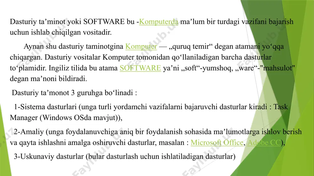 erishning o’ziga xos masalalarni yechish uchun mo’ljallangan dasturlar to’plami kiradi. ular kompyuterning funksional imkoniyatlarini kengaytirish, ma’lumotlarga ishlov berish jarayonini boshqarish va nazorat qilish uchun xizmat qiladi. maxsus dasturiy ta’minot aniq bir axborot tizimini yaratishda ishlab chiqilgan dasturlarning o’zaro mosligini ifodalaydi. uning tarkibiga real obyekt bajarilishini ifoda etuvchi amaliy dasturlar paketlari kiradi. dasturiy vositalarning texnik hujjatlari masalalar, nazorat namunalari, masalaning iqtisodiy-matematik modeli, algoritmlash masalalarining bayonlarini o’z ichiga olishi lozim. texnik ta’minot – bu axborot tizimining bajarilishi uchun talab qilinadigan texnik vositalar va jarayonlardir (hujjatlari bilan birga). -texnik vositalar o’z ichiga quyidagilarni: -ixtiyoriy rusumli kompyuter; -axborotni qabul qilish, yig’ish, qayta ishlash, saqlash va uzatish uchun vositalar; -ma’lumotlarni uzatish uchun aloqa tarmoqlari va qurilmalari; -tashkiliy texnika (orgtexnika), sarf materiallari va h.k. hujjatlar yordamida tanlangan texnik vositani ishga tushurishni tashkillashtirish, axborotga ishlov berish texnologik jarayonlari bayon etiladi. hujjatlarni uch guruhga bo’lish mumkin: 1. texnik ta’minotning davlat va tarmoq standartlari. 2. texnik ta’minotni yaratish bo’yicha …