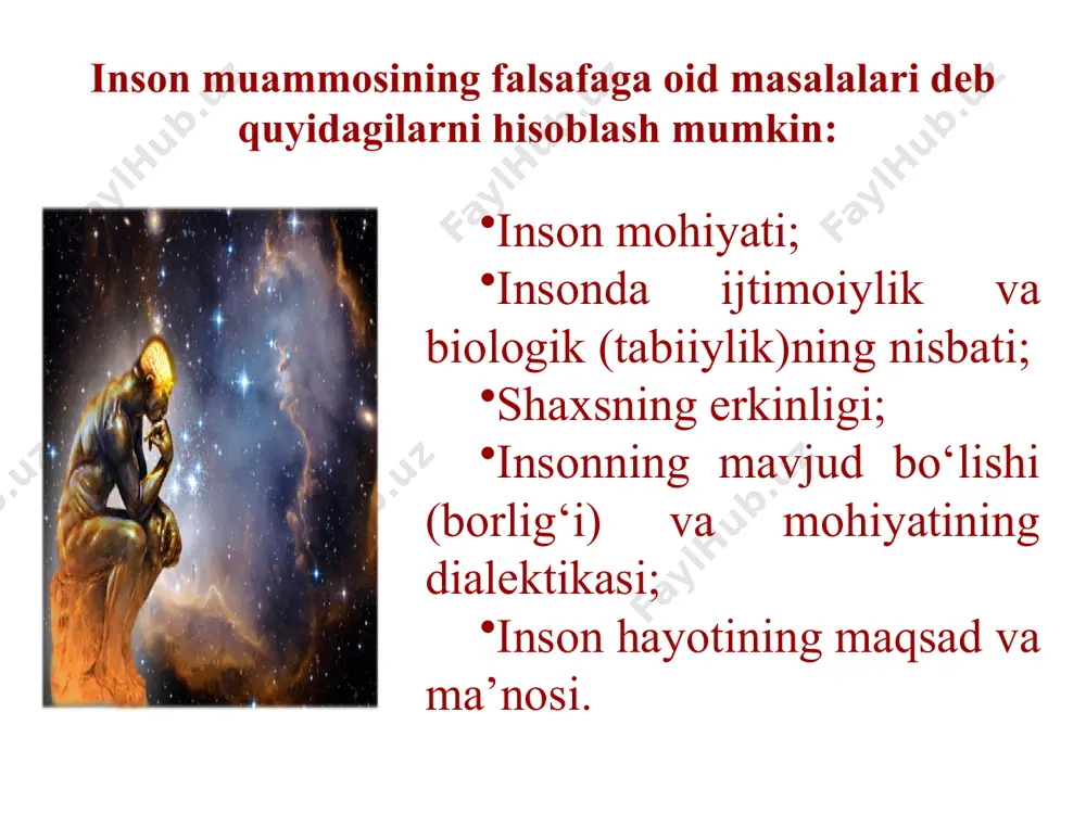 yorqin vakili edi. panteizm g‘oyalarini jordano bruno va benedikt spinoza yangi zamonning yevropadagi falsafiy an’anasi asosida rivojlantirdilar. hozirgi, postklassik falsafaning ko‘pdan-ko‘p oqimlari ongni tahlil qilishga zo‘r e’tibor bermoqdalar. masalan, z.freyd, k.yung, e.fromm nomlari bilan bog‘liq bo‘lgan psixoanaliz falsafasi ongsizni, uning sub’ektning ma’naviy borlig‘idagi rolini, shaxsning ongi va xulq-atvoriga ta’sirini o‘rganishga katta e’tibor beradi. falsafiy antropologiyaning vujudga kelishi va rivojlanishi. yunoncha sophia – donishmandlik, anthropos – inson va logos – ta’limot so‘zlaridan kelib chiqqan «falsafiy antropologiya» atamasi etimologik jihatdan inson haqidagi falsafiy ta’limotni anglatadi. yuqorida qayd etilganidek, inson haqidagi falsafiy ta’limotlar qadimda vujudga kelgan va butun falsafa tarixi orqali o‘tadi. konfutsiy, suqrot, geraklit, stoiklar, kiniklar, avgustin, foma, forobiy, ibn sino, a.navoiy, a.jomiy, dekart, russo, kant, feyerbax, nisshe va boshqalar insonning falsafiy, nazariy obrazini yaratib, falsafiy antropologiya falsafiy bilimning mustaqil bo‘limi sifatida vujudga kelishi uchun zamin hozirladi. inson to‘g‘risidagi turli yondashuvlardan kelib chiqib unga quyidagicha ta’rif berish mumkin: inson – ijtimoiy-tarixiy jarayonning, …