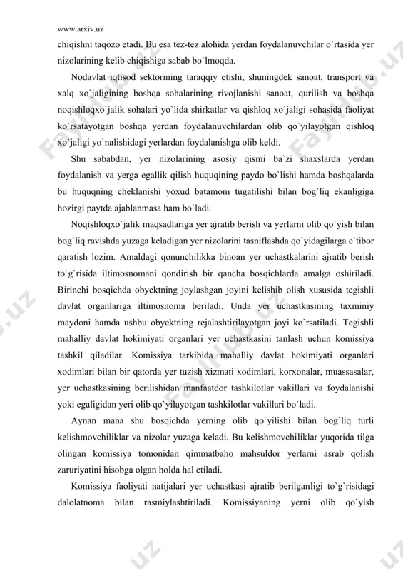 an. bozor munosabatlarining rivojlanishi, yangi ishlab chiqarish binolarining qurilishi, transport yo`llari va shaharlarning barpo etilishi xalq xo`jaligining turli tarmoqlarida faoliyat ko`rsatayot​gan yerdan foydalanuvchilar o`rtasida yerlarni qayta taqsimlab chiqishni taqozo etadi. bu esa tez-tez alohida yerdan foydalanuvchilar o`rtasida yer nizolarining kelib chiqishiga sabab bo`lmoqda. nodavlat iqtisod sektorining taraqqiy etishi, shuningdek sanoat, transport va xalq xo`jaligining boshqa sohalarining rivoj​lanishi sanoat, qurilish va boshqa noqishloqxo`jalik sohalari yo`li​da shirkatlar va qishloq xo`jaligi sohasida faoliyat ko`rsatayotgan boshqa yerdan foydalanuvchilardan olib qo`yilayotgan qishloq xo`jaligi yo`nalishidagi yerlardan foydalanishga olib keldi. shu sababdan, yer nizolarining asosiy qismi ba`zi shaxslarda yerdan foydalanish va yerga egallik qilish huquqining paydo bo`lishi hamda boshqalarda bu huquqning cheklanishi yoxud batamom tugatilishi bilan bog`liq ekanligiga hozirgi paytda ajablanmasa ham bo`ladi. noqishloqxo`jalik maqsadlariga yer ajratib berish va yerlarni olib qo`yish bilan bog`liq ravishda yuzaga keladigan yer nizolarini tasniflashda qo`yidagilarga e`tibor qaratish lozim. amaldagi qonunchilikka binoan yer uchastkalarini ajratib berish to`g`risida iltimosnomani qondirish bir qancha bosqichlarda …
