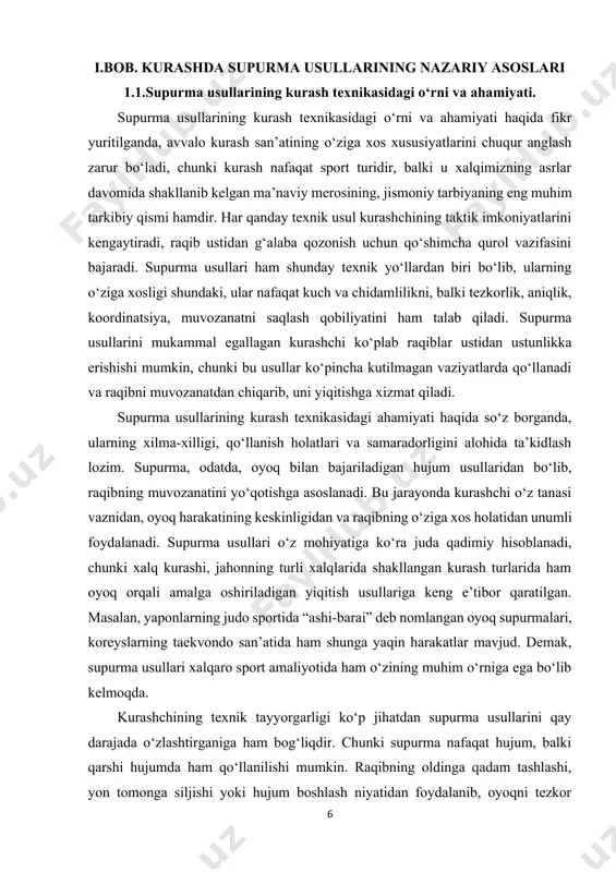 a yaxshilanadi. bundan tashqari, supurma usullarini bajarishda butun tana harakati uyg‘unlikda ishlashi kerak bo‘ladi, bu esa umumiy jismoniy tayyorgarlikni yuqori darajaga ko‘taradi. shu nuqtai nazardan, supurma faqat musobaqa jarayonida emas, balki tayyorgarlik bosqichida ham muhim o‘rin tutadi. kurash san’atida raqibni yiqitishning ko‘plab usullari mavjud. ba’zilari kuchga asoslangan bo‘lsa, boshqalari tezkorlik va mohirlikka tayanadi. supurma usullari esa har ikki omilning uyg‘unlashuvi natijasida amalga oshiriladi. masalan, kuchli sportchi bo‘lishgina yetarli emas, chunki supurma bajarishda oyoqni aniq va o‘z vaqtida qo‘yish zarur, aks holda raqib muvozanatini yo‘qotmaydi. shu bilan birga, faqatgina epchillik ham yetarli emas, agar sportchi zaruriy kuchni oyoqqa berolmasa, raqibni yiqita olmaydi. demak, supurma usullarini mukammal bajarish uchun kuch, epchillik, koordinatsiya, tezkorlik va taktika birgalikda talab qilinadi. supurma usullarining yana bir muhim jihati shundaki, ular raqibga nisbatan minimal kuch sarflab, maksimal natijaga erishish imkonini beradi. ko‘plab texnik usullar ko‘proq jismoniy kuchni talab qilsa, supurma usullarida asosiy e’tibor harakatning aniqligi va vaqtni …