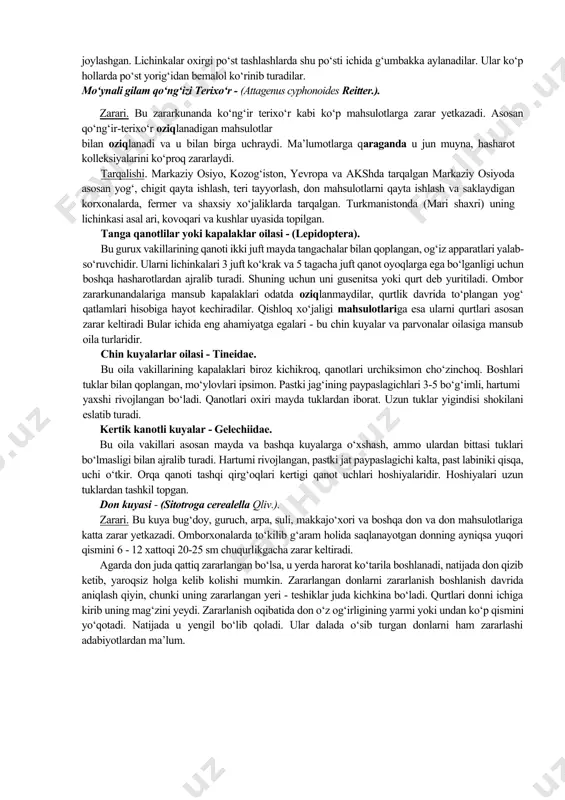 va yog‘ moddalari ko‘p bo‘lgan mahsulotlarga kam zarar yetkazishi yoki butunlay zararlamasliklari tajribada aniqlangan. don parmalovchining tuxum qo‘yish davri, muddati, harorat va namlikka qarab turlichadir. harorat 22°s bo‘lganda tuxum qo‘yish davri 147-181 kunni, 35°s da esa 18-38 kunni tashkil qilgan. tuxum qo‘yish davri qisqa bo‘lgan va 20-34 kunni tashkil qilgan. harorat 31 °s nisbiy namlik 75% bo‘lganda bir urg‘ochi eng yuqori mikdorda - 374ta tuxum qo‘yishi kuzatilgan. haroratni yuqoriga yoki pastga qarab o‘zgarishi tuxum sonini 1.5-2 barobar qisqartirgan. bundan tashqari haroratni oshishi tuxum qo‘yishni tezlashtirgan. qo‘ng‘izlar 20-213 kun yashashi mumkin, urg‘ochilari erkaklarga nisbatan kamroq yashaydilar. yil davomida don parmalovchi 4-5 avlod berishi aniqlangan. terixo‘rlar oilasi - dermestidae. bu oila vakillari - iqtisod jihatdan juda muhim ahamiyatga ega bo‘lgan zararkunandalardandir. ularni juda ko‘pchiliga usimlik va xayvonot mahsulotlarining, ipakchilikning va ko‘rgazma mahsulotlarining ashaddiy dushmani bo‘lib hisoblanadilar. oilaga mansub ko‘ng‘izlarning tanasi oval yoki silindr shaklda. tanasining tepa qismi birozgina yuqoriga bo‘rtib chiqqan. boshi …