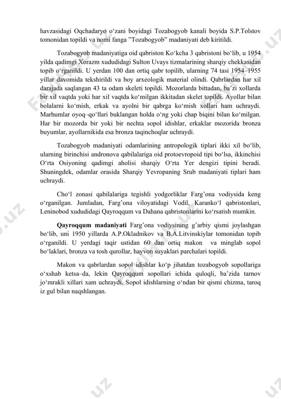 a madaniyatining rivojlanishi 5 ta bosqichga bo‘linadi; 1.sopolli davri—miloddan avvalgi 2150—1900 yillar; 2.jarqo‘ton davri—miloddan avvalgi 1900—1600 yillar; 3.ko‘zali davri—miloddan avvalgi 1600—1500 yillar; 4.mo‘lali davri—miloddan avvalgi 1500—1400 yillar; 5.bo‘ston davri—miloddan avvalgi 1400—1300 yillar; jarqo‘ton yodgorligi sopollitepaliklar asos solgan ilk shahar hisoblanadi. u bo‘stonsoy xududida bo‘lib, 100 gektar maydonni egallagan. bu yerning aholisi ham dehqonchilik bilan shug’ullanib, 500 yilcha shu yerda yashaganlar. zamonbobo madaniyati zarafshon daryosining quyi havzasida topilgan motiga dehqonchilik va chorvachilik bilan shug’ullangan qabilalarning yodgorligi hisoblanadi. u yerda 1950–1960 yillarda y.g’.g’ulomov boshliq mohondaryo otryadi tadqiqot ishlarini olib bordi. ular quyi zarafshon xududidan ikki xil madaniyat izlarini topishdi. biri zamonbobo madaniyati bo‘lsa, ikkinchisi andronova madaniyati izlari hisoblanadi. tozabogyob madaniyati. o‘zbekistonning bronza davriga oid yodgorlik dastlab 1938 yilda qadimgi xorazm xududidan topildi. u amudaryoning quyi havzasidagi oqchadaryo o‘zani boyidagi tozabogyob kanali boyida s.p.tolstov tomonidan topildi va nomi fanga ”tozabogyob” madaniyati deb kiritildi. tozabogyob madaniyatiga oid qabriston ko‘kcha 3 qabristoni bo‘lib, u 1954 …