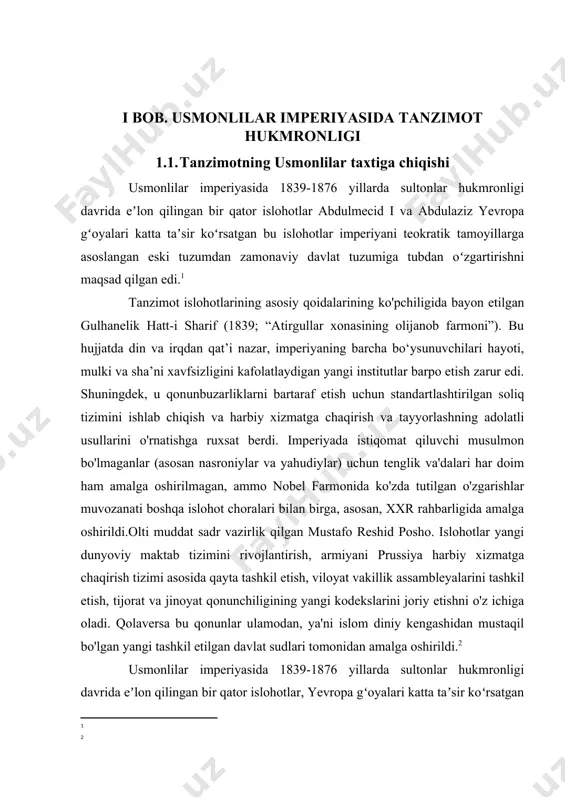 ada kengaytirdi. masalan, tanzimotni ochgan farmon, samarasiz soliq fermalarini markazlashtirilgan daromad xizmati bilan almashtirishni va islohotlar siyosatini shakllantirish va yo'naltirish uchun yangi imperator kengashi - "meclis-i vala" ni tashkil etishni taklif qildi. 1870-1876 yillardagi savdo, fuqarolik bitimlari va jinoiy ishlar uchun yagona qonun kodekslarini belgilab bergan keyingi farmonlar adolat va hukumatga ishonchni mustahkamlashga intildi. 1864 yilgi viloyat qonuni bilan yakunlangan bir qator viloyat islohotlari mahalliy boshqaruv tuzilmasini tartibga soldi va konstantinopol (hozirgi istanbul ) hokimiyatini kuchaytirdi. poytaxtning o'zida esa hukumat rasmiy idoralar va ixtisoslashgan vazirliklarga aylantirildi. tanzimot davrida usmonlilar davlati ham jamiyatga yangicha usullar bilan aralasha boshladi. 1839 yil gülhane farmoni va boshqa qonunlar harbiy majburiyatni kengaytirdi. va davlat yangi elita dunyoviy maktablarni tashkil etdi. 1869-yilgi davlat ta'limi to'g'risidagi nizom siyosatni amalga oshirish uchun zarur bo'lgan ko'nikmalar bilan jihozlangan hukumatning har bir darajasida byurokratlar va harbiy ofitserlarni tayyorlashga mo'ljallangan imperiya bo'ylab maktab tizimini joriy qildi.[footnoteref:4] [4: roderic, h. davison (1990). …