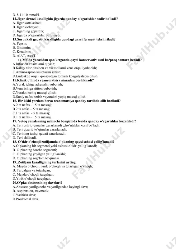 a qaysi konservativ usul ko‘proq samara beradi? a.infuzion vositalarni quyish; b.kalsiy xlor,ditsinon va vikasollarni vena orqali yuborish; c.aminokapron kislotasini ichish; d.endoskop orqali qonayotgan tomirni koagulyatsiya qilish. 15.klinik o’limda reanematsiya nimadan boshlanadi? a.yurak ichiga adrenalin yuborish; b.vena ichiga sititon yuborish; c.yurakni ochiq massaj qilish; d.suniy nafas berish vayurakni yopiq massaj qilish. 16. bir kishi yordam bersa reanematsiya qanday tartibda olib boriladi? a.2 ta nafas – 15 ta massaj; b.2 ta nafas – 5 ta massaj; c.1 ta nafas - 5 ta massaj; d.1 ta nafas – 15 ta massaj. 17. yotoq yaralarning uchinchi bosqichida terida qanday o’zgarishlar kuzatiladi? a. teri osti to’qimalari zararlanadi ,cho’ntaklar xosil bo’ladi; b. teri qizarib to’qimalar zararlanadi; c. terining tashqi qavati zararlanadi; d. teri shilinadi. 18. o’tkir o’choqli zotiljamda o’pkaning qaysi sohasi yallig’lanadi? a.o’pkaning bir segmenti yoki asinusi o’tkir yallig’lanadi; b. o’pkaning barcha segmenti; c. o’pkaning yoyilgan yallig’lanishi; d. o’pkaning sog’lom to’qimasi. 19..zotiljam kasalligining turlarini ayting. a. …