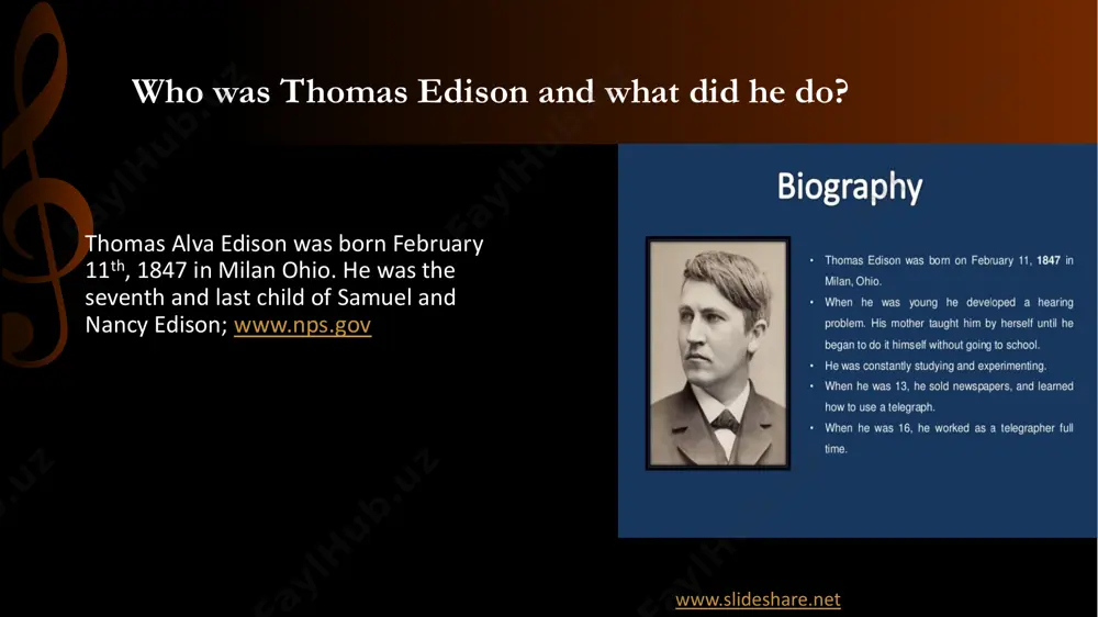 it was made during the time he said “we will make electricity so cheap that only the rich will burn candles”; www.edisonmuckers.com https://www.youtube.com/watch?v=nbiclhneyaa www.wnd.com https://www.youtube.com/watch?v=mn8ugdg_5fa http://www.edisonmuckers.com/ http://www.edisonmuckers.com/ https://www.youtube.com/watch?v=nbiclhneyaa http://www.wnd.com/ https://www.youtube.com/watch?v=mn8ugdg_5fa the phonograph • edison created many inventions but his favorite was the phonograph; www.americaslibrary.gov/ • in 1877 he created a machine with two needles, one needle for recording and one needle for playback. www.biography.com www.phonographmania.weebly.com http://www.americaslibrary.gov/ http://www.biography.com/ http://www.phonographmania.weebly.com/ movie camera • in october 1888 edison wrote “i am experimenting upon an instrument which does for the eye and the phonograph for the ear; www.nps.gov • it was invented february, 1893; www.history.com www.topweblist.com http://www.nps.gov/ http://www.history.com/ http://www.topweblist.com/ carbon microphone • the carbon microphone was the first microphone made which was in 1877-1878; www.wired.com www.preservationsound.com http://www.wired.com/ http://www.preservationsound.com/ information about edison • he led no armies into battle, he conquered no countries, and he enslaved no people; www.thomasedison.com • thomas edison did not fail …