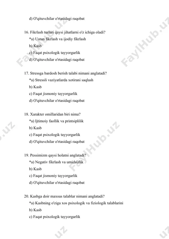 ... *a) o`quvchining aqliy salohiyatidir b) o`quvchining xulqidir с) o`quvchining sezgirligidir d) o`quvchining xarakati 36. shaxslararo munosabatlar bu *a) odamlar o’rtasida faoliyat va guruhlardagi muloqot jarayonida kelib chiqadigan munosabatlardir; b) rahbar va unga bo’ysunuvchilar o’rtasidagi munosabatdir; с) tarbiyachi va tarbiyalanuvchilar o’rtasidagi munosabatdir; d) faoliyat jarayonida shaxslar o’rtasidagi dialog jarayonidir; 37. faoliyatning qanday turlari bor? *a) o'yin, o’qish, mexnat b) muomala, madaniyat с) ma`rifat, muomala d) jismoiy aqliy 38. shaxs bu *a) shaxslararo va ijtimoiy munosabatlarning sub`ekti bulgan, ongli faoliyat ko’rsata oladigan betakror individdir; b) jamiyatning qobiliyatli a`zosidir; с) barcha ijtimoiy munosabatlar majmuidir; d) ma`lum psixik rivojlanish darajasiga erishgan odamdir; 39. individual psixologik xususiyatlarga qaysilar kiradi? *a) harakter, temperament, qobiliyat b) xotira, diqqat, xayol с) idrok, iroda, xayol d) diqqat, tafakkur, iroda 40. individ kamolotining eng yuqori bosqichi nima deb ataladi? *a) komil inson b) shaxs с) odam d) sub`ekt 41. sotsiometriya metodi nima? *a) sotsiometriya guruhda shaxslarning statusini, guruh liderini …