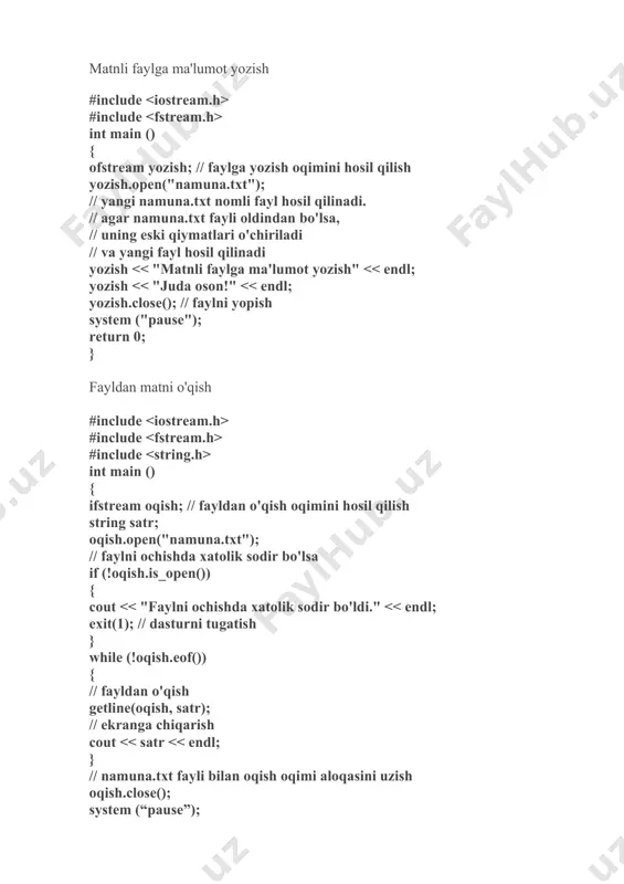app fayl oxiriga ma'lumotlarni yozish uchunios::trunc bor bo'lgan faylning ustidan yangi faylni yozishios::binary binar holda ma'lumotlarni almashish uchun har bir sinf uchun mode parametrining odatiy qiymatlari mavjud: class default mode parameter ofstream ios::out ifstream ios::in fstream ios::in | ios::out fayl ustida o'qish yoki yozish amalini bajarib bo'lgandan song, faylni yopish kerak bo'ladi. faylni yopish uchun close funksiyadi ishlatilad i. masalan: yozish.close(); oqish.close(); matnli faylga ma'lumot yozish #include #include int main () { ofstream yozish; // faylga yozish oqimini hosil qilish yozish.open("namuna.txt"); // yangi namuna.txt nomli fayl hosil qilinadi. // agar namuna.txt fayli oldindan bo'lsa, // uning eski qiymatlari o'chiriladi // va yangi fayl hosil qilinadi yozish #include #include int main () { ifstream oqish; // fayldan o'qish oqimini hosil qilish string satr; oqish.open("namuna.txt"); // faylni ochishda xatolik sodir bo'lsa if (!oqish.is_open()) { cout #include int main () { int length; char * buffer, fayl[] = "matn.txt", yangi[]="yangi_fayl.txt"; // fayl - …