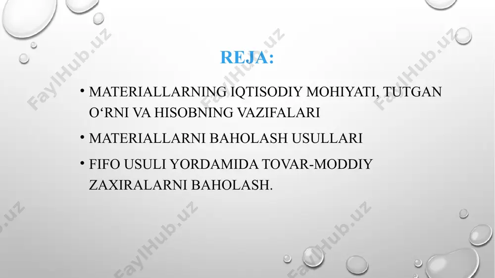 ya tannarxi bo’yicha yoziladi, so’ngra avvalgi partiya va hokazo. o’rtacha xarajat... bu usul avvalgisidan ko’ra keng tarqalgan. u ko’rsatish uchun ishlatilishi mumkin o’rtacha xarajat foydalanishdan chiqarilgan mahsulotlar. hisoblash juda oddiy formuladan foydalangan holda oson. hisob-kitoblar uchun tovarlarning o’rtacha qiymati, oy boshidagi qoldiq, oy uchun kapitallashtirilgan tovar-moddiy zaxiralarning qiymati, shuningdek oy boshida qolgan va kapitallashtirilgan tovar-moddiy zaxiralar miqdori kabi parametrlar qo’llaniladi. ko’pincha standart fifo ishlatiladi, uning yordamida hisob-kitoblarni amalga oshirish ancha oson. fifo usuli yordamida tovar-moddiy zaxiralarni baholash. fifo tarqatish usulidan foydalanish odatiy holdir, bu sizga mahsulotlarning borishini kuzatish imkonini beradi. muayyan holatlar mavjud bo’lganda lifodan foydalanish odatiy holdir. ba’zida fifo bor rasmiy xarakter, bu shuni anglatadiki, tovarlarni chiqarish faqat ombor xodimi yoki sotuvchining ba’zi o’ziga xos motivlari asosida sodir bo’ladi. mahsulot partiyani sotib olishda bo’lgani kabi bir xil narxga ega. fifo yordamida siz real xarajatlarning narxini hisoblashingiz, shuningdek ularning daromadliligini kuzatishingiz mumkin. ushbu usulning kamchiliklari orasida inflyatsiya va narxlarning o’zgarishi …