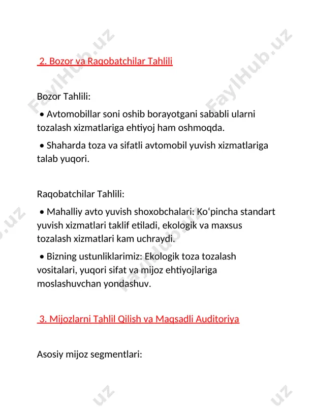 keting kanallari: • ijtimoiy tarmoqlar: instagram, facebook, telegram orqali xizmatlarimiz sifati va ekologik toza vositalardan foydalanish haqida ma’lumot berish. • mahalliy reklama: oziq-ovqat bozorlarida, shahar ichida reklama bannerlari. • reklama kompaniyalari: maxsus chegirmalar va aksiyalar orqali mijozlarni jalb qilish. 5. xodimlar asosiy xodimlar: • 2 ta avtomobil yuvish mutaxassisi. • 1 ta polishing va kimyoviy tozalash mutaxassisi. • o‘zim - marketing va menejer sifatida: mijozlar bilan ishlash, ijtimoiy tarmoqlarda reklama, sotuv va loyihalarni boshqarish. 6. moliyaviy reja boshlang‘ich investitsiyalar: • jihozlar: • avtomobil yuvish uskunalari – 30 mln so‘m • polishing va kimyoviy tozalash uskunalari – 20 mln so‘m • suv filtrlash tizimi va ekologik vositalar – 10 mln so‘m • marketing xarajatlari – 5 mln so‘m • boshqa xarajatlar – 5 mln so‘m daromad va xarajat prognozi: • oylik daromad: • kuniga 10 avtomobil x 30,000 so‘m = 9 mln so‘m • maxsus xizmatlardan qo‘shimcha daromad – 5 mln …