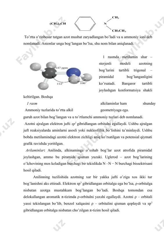 xirgi boshlang’ich moddalar bu propen, xlor va ammiak. ushbu dastlabki moddalardan allil aminni sanoatda olinishini ko’rsatadigan tenglamalar qatorini yozing (allil amin siydik haydovchi vositalar –merralurid va merkaptometrin olinishida qo’llaniladi). deyarli barcha azot saqlovchi organik birikmalar aminlargacha qaytarilishi mumkin. aminlarni sintezida mahsulotga munosib mos keladigan qaytaruvchini tanlash savoli tug’iladi. ushbu qaytarilish uslubini nitrillarni birlamchi aminlarga aylantirishda qo’llaganmiz. lialh2 rc ≡ n rch2nh2 nitril birlamchi amin ρ- ( triftorme til) benzil 2- sianid ( ρ-triftormetil) benzile til amin (53%) h2(100 atm)ni ch3ch2 ch2 ch2cn ch3ch2 ch2 ch2 ch2cn pentannitril 1-pentanamin (56%) keyinchalik nitrillarni galoidalkillarni sianid ion bilan nukleofil almashinishidan olish mumkin, bunda dastlabki alkilgaloidga nisbatan bitta uglerod atomiga ko’p bo’lgan birlamchi amin hosil bo’ladi. rx rc ≡ n rch2nh2 nitroguruhlar turli hil uslublarda birlamchi aminlarga oson qaytariladi. katalitik gidrogenlashda ko’pincha platina, palladiy va nikel katalizatorlaridan foydalaniladi, qaytarilishda xlorid kislotada temir yoki qalay bo’ladi. nitroguruhni engil qaytarilishi uchun u asosan arilaminlarni olinishida foydalaniladi. …
