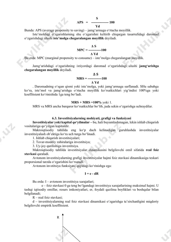 tirib chiqargan tasarrufidagi daromad o‘zgarishdagi ulushi iste’molga chegaralangan moyillik deyiladi. δ s mpc = -----------100 δ yd bu erda: mpc (marginal propensity to consume) – iste’molga chegaralangan moyillik. jamg‘arishdagi o‘zgarishning ixtiyordagi daromad o‘zgarishdagi ulushi jamg‘arishga chegaralangan moyillik deyiladi. δ s mrs = ------------100 δ yd . daromadning o‘sgan qismi yoki iste’molga, yoki jamg‘armaga sarflanadi. shu sababga ko‘ra, iste’mol va jamg‘arishga o‘rtacha moyillik ko‘rsatkichlari yig‘indisi 100%ga yoki koeffitsient ko‘rinishida 1ga teng bo‘ladi. mrs + mrs =100% yoki 1. mrs va mrs ancha barqaror ko‘rsatkichlar bo‘lib, juda sekin o‘zgarishga uchraydilar. 6.3. investitsiyalarning mohiyati, grafigi va funksiyasi investitsiyalar yoki kapital qo‘yilmalar – bu, hali buyumlashmagan, lekin ishlab chiqarish vositalariga qo‘yilgan kapitaldir. makroiqtisodiy tahlilda eng ko‘p duch kelinadigan guruhlashda investitsiyalar investitsiyalash ob’ektiga ko‘ra uch turga bo‘linadi. 1. ishlab chiqarish investitsiyalari; 2. tovar-moddiy zahiralariga investitsiya; 3. uy-joy qurilishiga investitsiya. makroiqtisodiy tahlilda investitsiyalar dinamikasini belgilovchi omil sifatida real foiz stavkasi qaraladi. avtonom investitsiyalarning grafigi investitsiyalar hajmi …