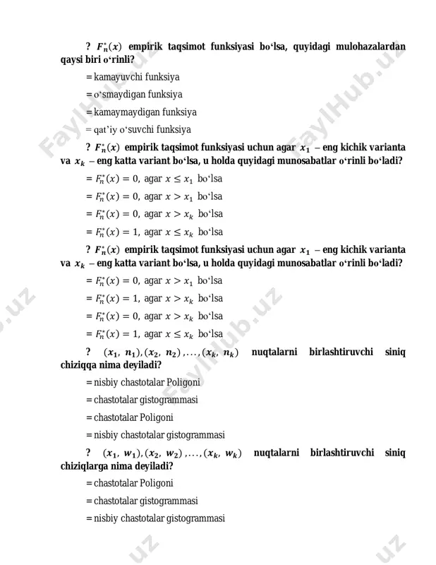 diring. = tanlanma dispersiyasi = tuzatilmagan tanlanma dispersiyasi = tuzatilgan o‘rtacha kvadratik chetlanish = tanlanmaning o‘rtacha kvadratik chetlanishi ? agar l baho va har qanday 𝜺 > 𝟎 uchun 𝐥𝐢𝐦 𝒏→∞ 𝑷(|𝑳 − 𝜽| ≤ 𝜺) = 𝟏 munosabat bajarilsa, l baho 𝜽 parametr uchun … deyiladi. nuqtalar o‘rnini to‘ldiring. = aniq baho = siljimagan baho = asosli baho = samarali baho ? agar l baho uchun 𝑴𝑳(𝒙𝟏, 𝒙𝟐, . . . 𝒙𝒏) = 𝜽 shart bajarilsa, l baho 𝜽 parametr uchun … deyiladi. nuqtalar o‘rnini to‘ldiring. = siljigan baho = samarali baho = asosli baho = siljimagan baho ? agar 𝜽 parametrning 𝑳𝟏 va 𝑳𝟐 siljimagan baholari berilgan bo‘lib, 𝑫(𝑳𝟏) < 𝑫(𝑳𝟐) bo‘lsa, 𝑳𝟏 baho 𝑳𝟐 bahoga nisbatan … deyiladi. = siljimagan baho = asosli baho = aniq baho = samarali baho ? 𝒙𝑻 –tanlanma o‘rtacha bosh to‘plam o‘rta qiymati uchun qanday baho bo‘ladi? = siljimagan, asosli va samarali …