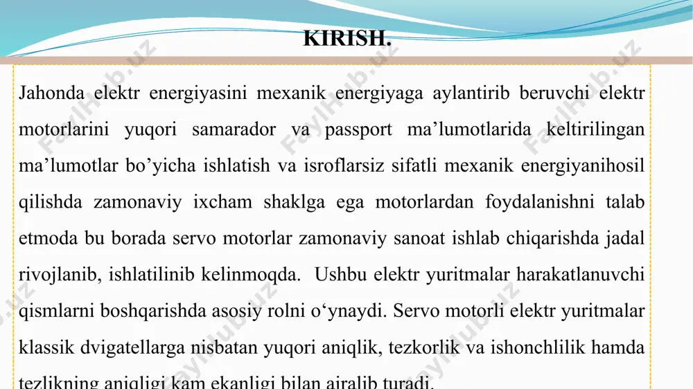 day avtomatlashtirilgan qurilma samaradorligini belgilab beradi. bugungi raqobatbardosh texnologiyalar asrida mahsulot sifatini oshirish va texnologik jarayonlarni optimallashtirish aynan shu yuritma tizimlarining imkoniyatlariga bog‘liq. mavzuning dolzarbligi bugungi kunda an‘anaviy motorlar bilan ta‘minlangan tizimlar o‘z o‘rnini intellektual servo tizimlarga bo‘shatmoqda. chunki servo motorli tizimlar nafaqat aniqlik, balki energiya tejamkorligi, uzluksiz ishlash imkoniyati va masofaviy boshqaruv kabi zamonaviy talablarni ham bajara oladi. servo motorli elektr yuritmalarning ahamiyati va qo‘llanilish sohalari hozirgi zamon sanoati, texnologiya va kundalik hayotda servo motorli elektr yuritmalar alohida ahamiyat kasb etadi. elektr yuritmalar umumiy elektr energiyasini mexanik energiyaga aylantirish uchun xizmat qiladigan tizimlar bo‘lib, ular yordamida texnologik jarayonlarda turli mexanik harakatlarni amalga oshirish mumkin. servo motorli elektr yuritmalar oddiy motorlardan farqli o‘laroq, yuqori aniqlik, boshqaruv qulayligi va avtomatlashtirish darajasi bilan ajralib turadi. servo motorli elektr yuritmalar asosan ishlab chiqarishda ishlatiladigan cnc dastgohlarida, 3d printerlarda, robototexnik qurilmalarda, avtomatlashtirilgan konveyer tizimlarida, aviatsiya va kosmik texnologiyalarda, tibbiyot uskunalarida va boshqa yuqori texnologik …
