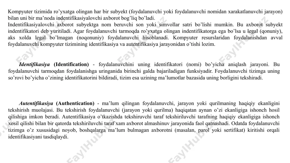 sni avtorizasiyalanmagan shaxsdan ishonchli ajrata olmasa bu tizimda axborotning konfidensialligi va yahlitligi buzilishi mumkin. autentifikasiya va avtorizasiya muolajalari bilan foydalanuvchi xarakatini ma’murlash muolajasi uzviy bog’langan. ma’murlash (accounting) - foydalanuvchining tarmoqdagi harakatini, shu jumladan, uning resurslardan foydalanishga urinishini qayd etish. ushbu hisobot axboroti xavfsizlik nuqtai nazaridan tarmoqdagi xavfsizlik hodisalarini oshkor qilish, taxlillash va ularga mos reaksiya ko’rsatish uchun juda muximdir. o’zining haqiqiyligining tasdiqlash uchun subyekt tizimga turli asoslarni ko’rsatishi mumkin. subyekt ko’rsatadigan asoslarga bog’lik holda autentifikasiya jarayonlari quyidagi kategoriyalarga bo’linishi mumkin: - biror narsani bilish asosida. misol sifatida parol, shaxsiy identifikasiya kodi pin (personal identification number) xamda "surov javob" xilidagi protokollarda namoyish etiluvchi maxfiy va ochiq kalitlarni ko’rsatish mumkin; biror narsaga egaligi asosida. odatda bular magnit kartalar, smart-kartalar, sertifikatlar va touch memory qurilmalari; qandaydir daxlsiz xarakteristikalar asosida. ushbu kategoriya o’z tarkibiga foydalanuvchining biometrik xarakteristikalariga (ovozlar, ko’zining rangdor pardasi va tur pardasi, barmok izlari, kaft geometriyasi va x.) asoslangan usullarni oladi. bu …