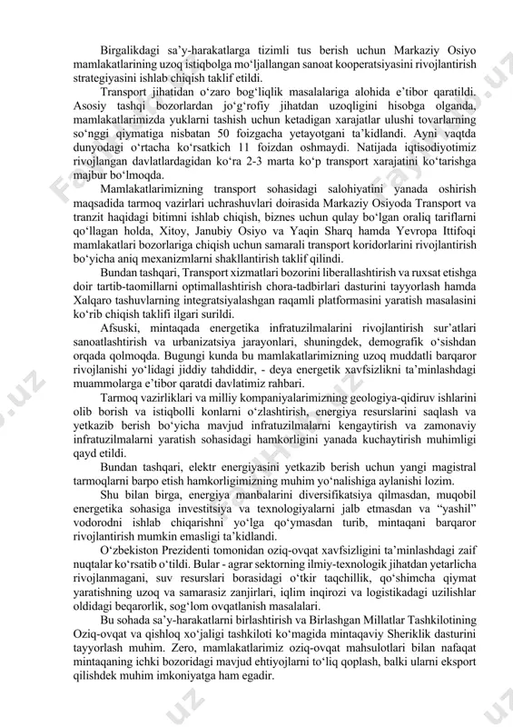 ‘iston respublikasi prezidenti qasim-jomart toqayev, qirg‘iz respublikasi prezidenti sadir japarov, turkmaniston prezidenti serdar berdimuhamedov, faxriy mehmon sifatida ozarbayjon respublikasi prezidenti ilhom aliyev hamda bmt bosh kotibining maxsus vakili – markaziy osiyo uchun preventiv diplomatiya bo‘yicha mintaqaviy markaz rahbari kaxa imnadze ham qatnashdi. kun tartibiga muvofiq, mintaqada ko‘p qirrali hamkorlikni yanada kengaytirish, jumladan, siyosiy muloqotni rivojlantirish, savdo, investitsiyalar, transport, energetika, qishloq xo‘jaligi va ekologiya sohalarida qo‘shma dastur va loyihalarni ilgari surish, madaniy-gumanitar almashinuvni faollashtirish, xavfsizlik sohasidagi zamonaviy tahdid va xatarlarga qarshi chora ko‘rish masalalari muhokama qilindi. o‘zbekiston respublikasi prezidenti o‘z nutqida mintaqa mamlakatlari o‘rtasida ishonch, yaxshi qo‘shnichilik va sheriklik munosabatlarini mustahkamlash borasidagi umumiy sa’y-harakatlarni yuksak baholadi. umumiy sa’y-harakatlarimiz tufayli hayotiy muhim masalalarni hal etish va hamkorligimizni sifat jihatidan yangi mazmun bilan to‘ldirish borasida jiddiy oldinga siljishga erishdik. bizning siyosiy muloqotlarimiz va parlamentlararo almashuvlar doimiy tus olmoqda. muloqot va hamkorlik uchun turli platformalar ishga tushirildi, - dedi davlatimiz rahbari. markaziy osiyoda barqarorlik …