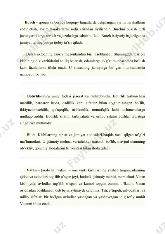 keng ma’nodagi tushunchadir. kishi tug`ilib o’sgan uy, mahalla, qishloq nazarda tutilsa, bu tor ma’nodagi tushunchadir. vatanparvarlik – bu ona zaminga bo’lgan muhabbat, uni sevish, e’zozlash. vatan ravnaqiga har bir fuqaroning o’z hissasini qo’shishga erishishi. vatanparvarlik– bu xalqimizga, uning an’analariga, tilimiz va madaniyatimizga muhabbat va hurmat bilan qarash hamda rivojlantirishga hissa qo’shish, yurtimizning haqiqiy jonkuyari bo’lish. vatanparvarlik- odamlarning mamlakatiga bo’lgan munosabati va harakati bilan vatan manfaatiga xizmat kilish va dushmandan ximoya kilishga intilishini namoyish etuvchi ijtimoiy va axloqiy tamoyil. o’zbekistondagi vatanparvarlik - ko’p millatli vatanga muhabbat va sadokatni ifodalovchi vatanparvarlikdir. vatanparvarlik tushunchasida vatanga va mustaqillik yutuklariga muhabbat, kardosh xalklarga do’stona munosabat, vatanning gullab yashnashi yo’lidagi ijtimoiy faollik, uni himoya kilish, milliy xudbinlik va takabburlikka xiloflik va baynalmilallik xislatlari mujassamdir. vatanparvarlikni shaqllantiruvchi muhim omillardan biri - qurolli kuchlarning jangovar kudratini mustahkamlash va shaxsiy tarkibning uyushqokligiga yo’naltirilgan - vatanparvarlik ruhidagi tarbiyadir. vatanparvarlik ruhidagi tarbiya- harbiy xizmatchilarda huquqiy ong, harbiy burchni ado etish mas’uliyati …