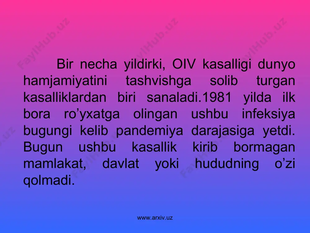 lish bo’yicha nazorat markaziga besh nafar fuqaro g’ayrioddiy kasallik bilan og’rigani haqida ilk ma’lumot kelib tushdi. 1982 yil, sentyabr – matbuotda ilk bor oits atamasi paydo bo’ldi, unga ta’rif berildi va aqsh hamda g’arbiy yevropada uning ustidan rasmiy kuzatuv olib borila boshlandi. www.arxiv.uz www.arxiv.uz 1982-1983 yillarda oitsning qonni qayta quyish va giyohvand moddalarni qon tomiri orqali kiritish bilan bog’liqligi aniqlandi. 1985 yil- oiv/oitsning asosiy o’tish yo’llari aniqlandi. 1985 yil- mdh davlatlari hududida oits bilan og’rigan ilk bemor qayd etildi. 1985 yilda oits bilan kurashish uchun birinchi dori– azitotimidinning (azt) birinchi sinovlari boshlandi. mazkur dori kasallikni butunlay tuzatmasa ham, kasallik rivojlanishini sekinlashtiradi. 1987 yil- butunjahon sog’liqni saqlash tashkilotining oits bo’yicha global dasturi ishlab chiqildi. www.arxiv.uz www.arxiv.uz 1988 yil- bmt tomonidan 1dekabr –xalqaro oits ga qarshi kurash kuni deb e’lon qilindi. 1989 yilda aholini va barcha donorlik qonlarini ommaviy majburiy ko’rikdan o’tkazilganligiga qaramasdan, elista va rossiyaning janubidagi boshqa shaharlarda deyarli 250 bolaga …