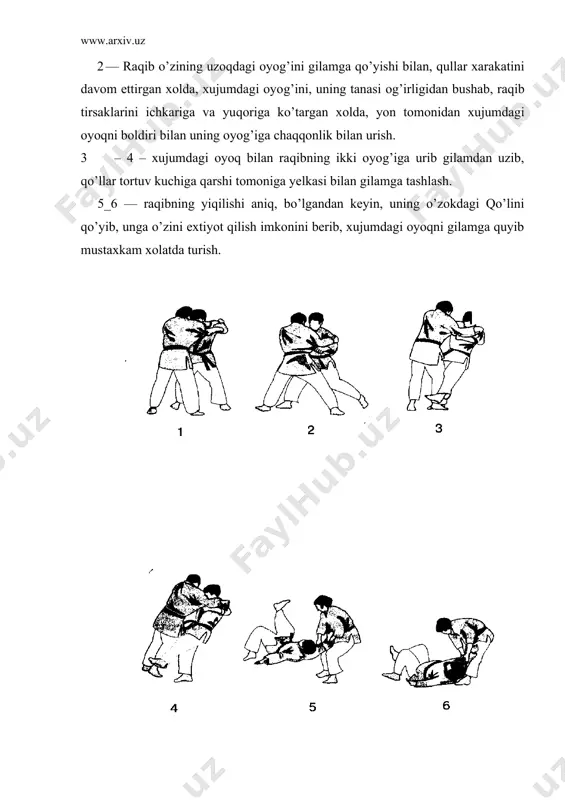 g xujumdagi oyog’i tina og’irligi bilan yetarli darajada bosilmaydi. 2. kurashchi raqibi oldiga sakrab yaqinlashib va bir yon bilan ugirilmagan. 3. raqibning oyogi yaxshi qisilmagan. 4. raqibning tayanch ocfh orqaga qo’yilgan paytda kerakli usul ritmi buzilgan. 5. raqib qo’llar yordamida kerakli kuch bilan siltab yiqitilmaydi. foydalangan adabiyotlar ro`yxati 1. kerimov f.a.”kurash tushaman” toshkent ibn sino 1990yil 2. kerimov f.a.”sport kurashi nazariyasi va usuliyati” toshkent 2007yil 3. kerimov f.a , a.k.nurullayev “volnoya borba”toshkent 2007 4. yunusova yu.m.”sport faoliyatining nazorat asoslari” toshkent 1994yil 5. i.a.karimov “kuchli davlatdan kuchli jamiyat sari”toshkent 1998yil 6. r.s.salomov “sport mashg`ulotining nazariy asoslari”toshkent 2005 7. ashmarin b.a. “teoriya i metodika pedagogicheskix issledovaniy v fizicheskom vospitanii” .moskva fizkultura i sport 1978 god 8. nurshin j.m.,salomov r.s.,kerimov f.a. “uzbekcha milliy sport kurashi” toshkent 1993 yil 9. atayev a.k. “ kurash” toshkent 1987 yil 10. tumanyana g.s. “sportivnaya borba”moskva 1985god 11. atayev a.k. “ buxoro polvonlari” toshkent 2000 yil 12. platonov …