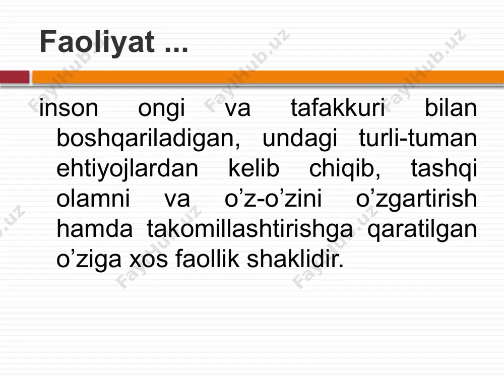 motivatsiyani qidirish demakdir. shaxsning xulqi va o’zini tutishi: ichki sabablar 1 2 tashqi sabablar shaxsning xulqi va o’zini tutishi: ichki sabablar, ya’ni xatti-harakat egasining subyektiv psixologik xususiyatlari nazarda tutiladi (motivlar, ehtiyojlar, maqsadlar, mo’ljallar, istaklar, qiziqishlar va hokazolar); tashqi sabablar – faoliyatning tashqi shart-sharoitlari va holatlari. ya’ni, bular ayni konkret holatlarni kelib chiqishiga sabab bo’ladigan tashqi stimullardir. shaxsdagi mavjud ehtiyojlar guruhi rus olimi r. nemov shaxsdagi motivasion sohani quyidagicha tasavvur qiladi. biologik ehtiyojlar fiziologik (tashnalik, ochlik, uyqu), jinsiy, moslashuv ijtimoiy ehtiyojlar mehnat qilish, bilish, estetik va ahloqiy-ma’naviy ehtiyojlar shaxs ehtiyojlarining yangi modeli fhisiological needs – fiziologik ehtiyoj. need for safety – xavfsizlik va kelajakka ishonch ehtiyoji. need for group – munosabatlar ehtiyoji. respect – hurmat qilish ehtiyoji. shaxs ehtiyojlarining yangi modeli fiziologik ehtiyoj. unga tashnalik, ochlik, dam olish, uy-joy hamda jinsiy aloqaga bo’lgan ehtiyojlar kiradi; xavfsizlik va kelajakka ishonch ehtiyoji. bu ma’lum bir guruh psixologiyasiga xos bo’lib, o’z ichiga insonlarning bir-birini …