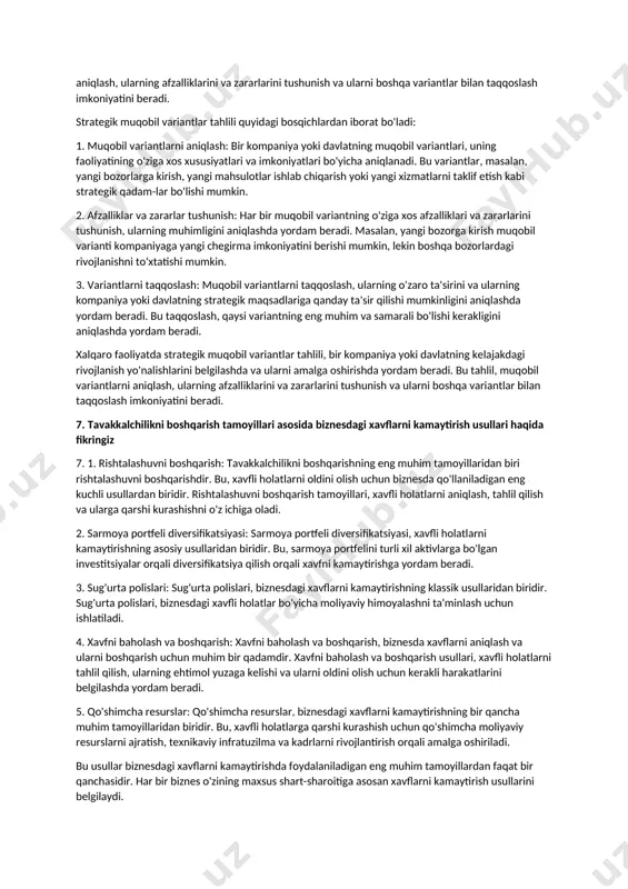 aridlash uchun strategiyalar. 4. xalqaro logistika: xalqaro transport va omborlash tizimlaridan foydalanish bilan mahsulotlarni global bozorda sotish va xaridlash. misollar: 1. amazon.com - internet orqali global bozorda sotiladigan mahsulotlar platformasi. 2. coca-cola - xalqaro bozorda sotiladigan ichimliklar brendi. 3. toyota - xalqaro sheriklik orqali avtomobil ishlab chiqarish va sotish. 4. fedex - xalqaro logistika xizmatlari bilan global bozorda transport va omborlashni ta'minlash. 4. biznesda qay biri afzal: yolg’izlikmi yoki sherikchilik deganda nimani tushunasiz 4. biznesda yolg'izlik va sherikchilikning o'ziga xos afzalliklari mavjud. yolg'izlik bilan biznesni o'z istaklari va rahbarlik bilan boshqarish imkoniyati beriladi, shuningdek, foydalanish va zararlar faqat o'ziga tegishli bo'ladi. sherikchilik esa, qo'shimcha moliyaviy va manaviy resurslarga ega bo'lish, risklarni bo'lish imkoniyati beradi va bir qancha kuchli strategik hamkorliklar orqali biznesni rivojlantirishga imkoniyat yaratadi. shuningdek, sherikchilik bilan yangi bozorlarga kirish, yangi mahsulotlar yaratish va xizmatlarni kengaytirish imkoniyati ortib chiqadi. bunday qilib, har bir turi o'zining afzalliklari va xususiyatlari mavjud …