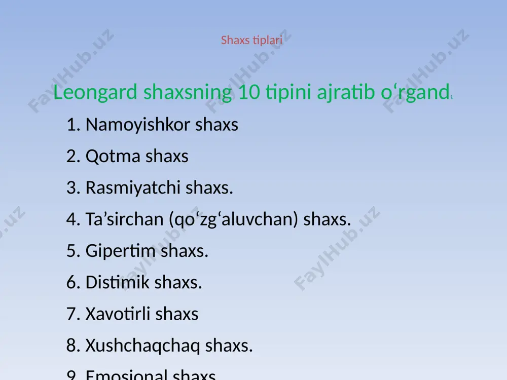 haxsini ochib beruvchi va atrof-muhitga munosabatini ko‘rsatib beruvchi bir nechta tugallanmagan gaplarga o‘zi xohlagan so‘zini qo‘yish taklif etiladi. masalan, «men opam ni k o ‘raman», «ishxonamiz rahbari menga », «mening ukam....», «mening erim....», «mening xotinim », «men uni », «u meni.....», «men unga ......», «m ening q o ‘l ostimdagilar •», « u .... odam» «men qizla m i ko'raman», «men onamni .... k o ‘raman...... va hokazo iloji boricha bu gaplar soni ko‘p bolishi kerak (20—30ta). sinaluvchi gaplami qanday tuzishiga qarab, uning shaxsini aniqlabolish mumkin. 2. tematik aperseptiv test (tat). ushbu test turli voqealar aks etgan 20 ta syujetli kartinadan iborat. sinaluvchi har bir kartinaga qarab hikoya tuzishi kerak. shu yol bilan sinaluvchining tasavuri,qobiliyati, hissiyoti, voqealarga bolgan munosabati va mimikasiga qarab uning shaxsiga oid ma’lumotlar to‘planadi. 3. shaxsni har taraflama tekshirishga mo‘lja!langan minnesot savolnomasi (mmpi). 1957-yil kettel tomonidan tavsiya qilingan. shaxsning barcha xususiyatlarini tekshirish uchun mo'ljallangan.shuning uchun ham ilmiy …