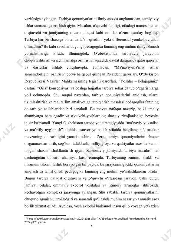 spublikasi prezidentining farmoni, 2022-yil 28-yanvar] kurs ishining obyekti — tarbiya jarayoni hisoblanadi. kurs ishining subyekti esa — tarbiya jarayonida ishtirok etuvchi pedagog, o‘quvchi, ota-ona, jamoatchilik, ijtimoiy muhit va boshqa manfaatdor tomonlar faoliyatidir. kurs ishining predmeti — tarbiya jarayonida amal qiladigan asosiy qonuniyatlar, ularning turlari va ularni amaliyotda qo‘llash mexanizmlaridir. kurs ishining ilmiy ahamiyati shundaki, tarbiya qonuniyatlarini tahlil qilish orqali pedagogik nazariyani chuqurlashtirish, tarbiya jarayonining ichki harakatlantiruvchi kuchlarini aniqlashga yordam beradi. bu esa zamonaviy pedagogikaning metodologik negizini mustahkamlashda muhim o‘rin tutadi. amaliy ahamiyati esa shundaki, olingan ilmiy xulosalar maktab va oliy ta’lim muassasalarida, oilaviy va ommaviy tarbiya jarayonlarida, tarbiyaviy dasturlar va metodik qo‘llanmalarda qo‘llanishi mumkin. bu esa tarbiyaning sifatini oshirish, shaxsga yo‘naltirilgan ta’limni rivojlantirishga xizmat qiladi. kurs ishining asosiy maqsadi — tarbiya qonuniyatlarining nazariy mazmunini tahlil qilish, ularning turli xil ko‘rinishlarini o‘rganish va ularni amaliyotga tatbiq qilish yo‘llarini ko‘rsatib berishdir. ushbu maqsadni amalga oshirish uchun quyidagi vazifalar belgilandi: · tarbiya tushunchasi …