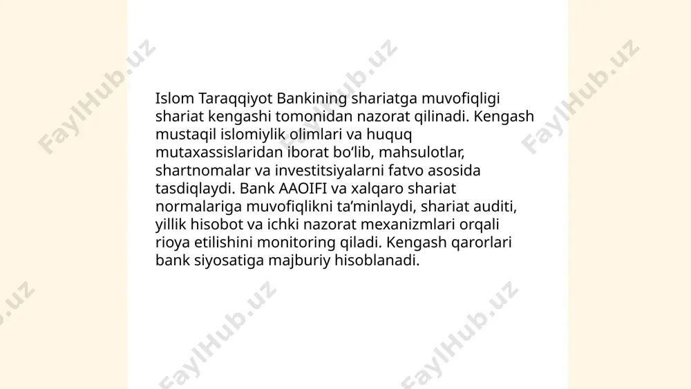 n yordam, kichik tadbirkorlikni qo'llab‑quvvatlovchi mikrokreditlar. hamkorlik: mahalliy ngo va xalqaro tashkilotlar bilan 10+ loyiha. maqsad: ijtimoiy barqarorlik va kambag'allikni kamaytirish. ... t.me/slaydai_bot islom taraqqiyot banki (isdb) jidda, saudiya arabistonida joylashgan va 57 a'zo davlatga ega. isdb guruhi: isdb, isdb instituti, icd, iciec, itfc. xalqaro hamkorlik: hamkorlikda moliyalashtirish va grantlar orqali infratuzilma, energetika, transport, qishloq xo‘jaligi, suv, sog‘liq va ta'lim loyihalarini moliyalashtiradi. shuningdek, savdo moliyalashtirish, sukuk chiqarish, texnik yordam va imkoniyatlarni rivojlantirishni amalga oshiradi. 2020 yilda covid-19 choralari uchun favqulodda yordam ko‘rsatgan. ... t.me/slaydai_bot islom taraqqiyot bankida audit, ichki nazorat va shaffoflik tizimi 3 asosiy komponentga ega: ichki nazorat, ichki audit va shaffoflik. ichki audit mustaqil bo'lib risk-asoslangan tekshiruvlar o'tkazadi va boshqaruv hamda audit qo'mitasiga hisobot beradi. shariat nazorati kengashi faoliyati va tashqi auditorlar yillik moliyaviy hisobotlarni tasdiqlaydi. tizim ichki nazorat siyosati, muvofiqlik monitoringi, oshkoralik va firibgarlikka qarshi mexanizmlar, shikoyat va ichki xabar berish kanallarini o'z ichiga oladi. ... t.me/slaydai_bot …