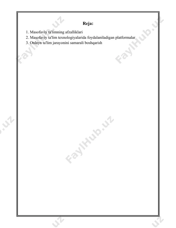 g kompyuter va internetga bo'lgan savodxonligini oshiradi. shu bilan birga, ular raqamli kommunikatsiya va resurslarni boshqarish qobiliyatlarini rivojlantiradilar. 2021 yilda aqshda o'tkazilgan so'rov natijalari shuni ko'rsatadiki, talabalar masofaviy ta'lim orqali texnologiyaga oid ko‘nikmalarini o‘rtacha 20% ga oshirganlar. beshinchidan, masofaviy ta'lim individualizatsiyadan foydalanishga imkon beradi. talabalar o‘zlariga mos keladigan tezlikda o‘qishi mumkin va o‘quv dasturlarini o‘z ehtiyojlari va qiziqishlariga mos ravishda tanlashi mumkin. ko'pgina onlayn platformalar testlar, video darsliklar, va o‘quv resurslari orqali talabalarning mustaqil o'rganish imkoniyatlarini kengaytiradi. 2022 yilda o'tkazilgan xalqaro tadqiqot natijalariga ko'ra, onlayn ta'lim oluvchilarning 75% o'z kurslarini yuqori darajada moslashtirish imkoniyati borligini bildirgan. oltinchidan, masofaviy ta'lim pandemiya paytida mavjud bo'lgan yagona ta'lim usuli bo'ldi va undan foydalanish talim sohasida uzluksizlikni ta'minladi. covid-19 pandemiyasi paytida 1,6 milliarddan ortiq talaba masofaviy ta'limdan foydalangan, bu esa muqobil ta'lim shakllarining zaruratini yana bir bor ko'rsatdi. yettinchidan, masofaviy ta'limning ekologik afzalliklari ham mavjud. transport va qog'oz iste'molining kamayishi natijasida uglerod izining kamayishi …