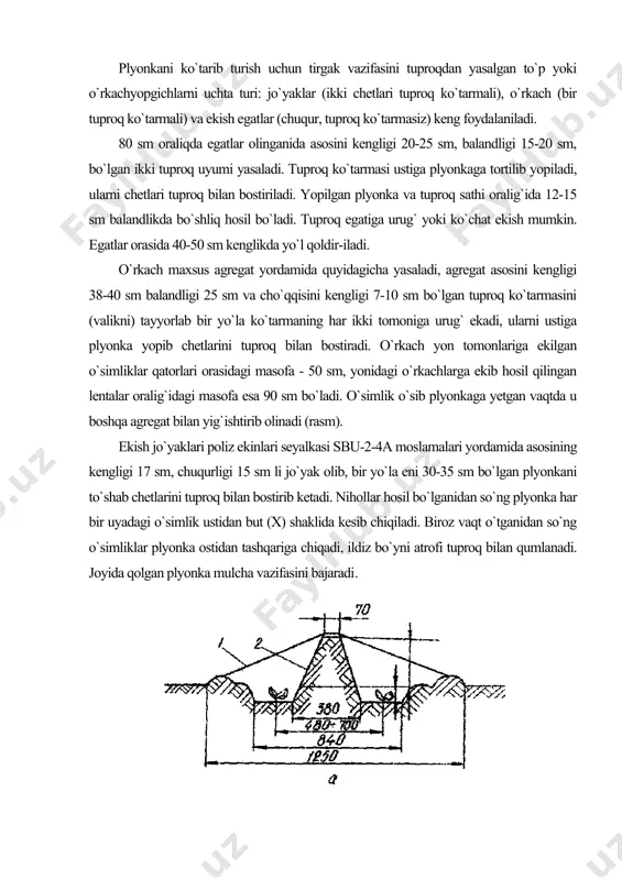 qt o`tganidan so`ng o`simliklar plyonka ostidan tashqariga chiqadi, ildiz bo`yni atrofi tuproq bilan qumlanadi. joyida qolgan plyonka mulcha vazifasini bajaradi. 1-rasm. tuproq ko`tarmali sinchsiz qurilma ko`rinishi: 1-plyonka, 2-tuproq ko`tarmasi. sinchli plyonkali yopqichlar. ularda plyonka uchun, simlar, plastmassa trubalar, tol novdalari, yog`ochlar yoki reykalar va boshqalardan tayyorlangan sinchlar tayanch vazifasini bajaradi. ular sinchning konfiguratsiyasiga ko`ra chodirsimon (shatroviye) (ikki nishabli) va arkasimon (yarimdoirasimon, tonnelsimon) larga bo`linadi. chodirsimon (shatroviye) plyonkali yopigichlar yog`och chorpoya (kozelok) yoki uchburchak shaklli vertikal yog`och bag`azdan yasalib ularni pastki qismi tuproqqa qadaladi (2-rasm). 2-rasm. chodirsimon yog`och sinchlar: a - porpoyatirgovuch (kozelok) va b - uchburchak chorpoyalar (kozelok) ko`ndalang kesimi 30×30 mm li yog`och burslardan tayyorlanadi. uzunligi 1-1,2 m bo`lgan yog`och burslar mix yoki bolt yordamida biriktiriladi. chorpoyalar (kozelki) egat bo`ylab 1,2-1,5 m oraliqda o`rnatilib, asosining orasidagi masofa 75-85 sm, orasi ochilgan tirgovuchlarni pastki qismi tuproqqa 20-35 sm botirib kiritilganidan keyin yopqichli qurilmaning balandligi 45-60 sm ni tashkil etadi. yog`och …