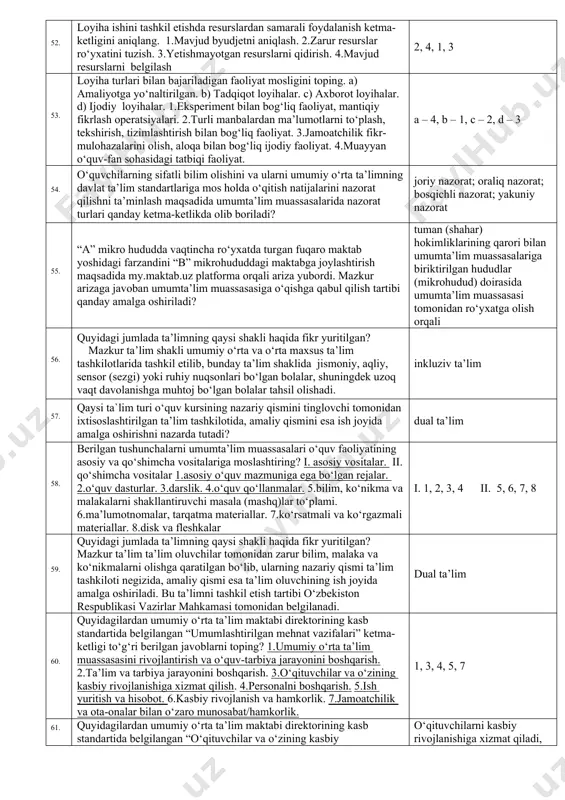 ilga o‘sib bormoqda. ushbu vaziyatda rahbar tomonidan boshqaruvning qaysi strategiyasi qo‘llanilgan. maxsus strategiya 38. quyidagilardan ta’lim shakllarini aniqlang? 1.professional ta’lim. 2.oliy ta’lim. 3.eksternat tartibidagi ta’lim. 4.oilada ta’lim. 5.oliy ta’limdan keyingi ta’lim. 6.dual ta’lim. 3, 4, 6 39. quyidagilardan ta’lim turlarini aniqlang? 1.professional ta’lim. 2.oliy ta’lim. 3.eksternat tartibidagi ta’lim. 4.oilada ta’lim. 5.oliy ta’limdan keyingi ta’lim. 6.dual ta’lim. 1, 2, 5 40. quyidagilardan ta’lim menejmentining asosiy maqsadini aniqlang? 1.ta’lim muassasasida tashkil etiladigan ta’lim-tarbiya jarayonini ilmiy asosda tashkil etishni ta’minlashdan iborat. 2.ta’lim muassasasi oldiga qo‘yilgan maqsadlarga erishish va raqobatbardosh bitiruvchilar tayyorlashni boshqarishni ta’minlashdan iborat. 3.ta’lim muassasasida xavfsizlik qoidalariga amal qilinishini ta’minlash, mavjud resurslarni o‘rinli taqsimlash, xo‘jalik faoliyatini nazorat qilish kabilardan iborat. 4.ta’lim muassasasida ta’lim-tarbiya jarayoni ishtirokchilarining munosabatlari va faoliyatlarini muvofiqlashtirish, nazorat qilish hamda samarali boshqarishni ta’minlashdan iborat. 1, 2, 4 41. quyidagi vaziyatni o‘qib, to‘g‘ri javobni belgilang. 742-maktab direktori xodimlar bilan muntazam fikr almashadi, har bir masalani xodimlar o‘rtasida muhokama qiladi, qaror qabul …