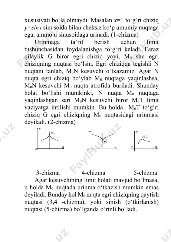 tenglamani y=kx+b ko‘rinishda izlaymiz. izlanayotgan to‘g‘ri chiziq m(x0;f(x0)) nuqtadan o‘tishi ma’lum, shu sababli f(x0)= kx0+b tenglik o‘rinli. bundan b=f(x0)-kx0 ekanligini topamiz. demak, urinma tenglamasini y=kx+ f(x0)- kx0 yoki y= f(x0)+k(x- x0) ko‘rinishga ega bo‘ladi. agar urinmaning k burchak koeffitsienti hosilaning x0 nuqtadagi qiymatiga tengligini e’tiborga olsak, y=f(x) funksiya grafigiga m(x0;f(x0)) nuqtasida o‘tkazilgan urinma tenglamasi quyidagicha bo‘ladi: y= f(x0)+f’(x0)(x-x0) (1) ma’lumki, agar kurinma0 bo‘lsa, urinma va normalning burchak koeffitsientlari perpendikulyarlik sharti knormalkurinma=-1 bilan bog‘langan bo‘ladi. bundan y=f(x) funksiya grafigiga m(x0;f(x0)) nuqtasida o‘tkazilgan normal tenglamasini y= f(x0)-(x-x0) (2) keltirib chiqarish mumkin. asosiy elementar funksiyalarning hosilalari y=x (x>0) darajali funksiyaning hosilasi bu funksiyaning x nuqtadagi orttirmasi y=(x+x)-x=x(()-1) ga teng va bo‘ladi. ma’lumki, . shuning uchun . bundan funksiyaning x nuqtadagi hosilasi mavjud va y’=x-1 bo‘ladi. demak, (x)’=x-1 va d(x)=x-1dx formulalar o‘rinli. murakkab funksiyaning hosilasini hisoblash va differensiali formulalarini foydalangan holda, (u(x)) ko‘rinishdagi murakkab funksiya uchun quyidagi formulalarni yozish mumkin: ((u(x)))’=(u(x))-1u’(x), d((u(x)))= (u(x))-1u’(x)dx. masalan …