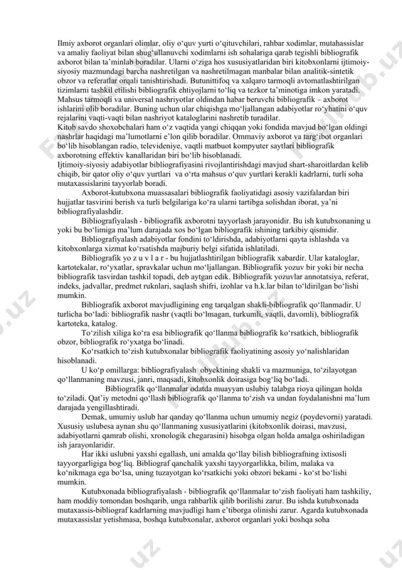 i mutaxassislarga mо‘ljallanadi. tavsiya bibliografik qо‘llanmalar о‘quv jaryonini olib borishga, ma’ruza va boshqa jamoat ishlarini olib borishga va shuningdek ommaviy axborot ishini va mustaqil bilim olishga yordam berish maqsadida tо‘ziladi. yoshlar uchun mо‘ljallangan tavsiya bibliografik qо‘llanmalar alohida bо‘limni tashkil etadi. faol maqsadiga kо‘ra bular kundalik, retrospektiv va perespektiv bibliografiyaga bо‘linadi. bibliografik qо‘llanmalarni tо‘zish paytida ularning obyekti sifatida kitoblar bilan bir qatorda nashretilmagan, ekran va tovush axborot vositalarining namoyondalari ham kiritiladi. (kino, magnitafon yozuvlari, grammplastinka va boshq.) bular bilan bir qatorda mavzuni tо‘laroq ochib berishga yordam beruvchi bibliografik qо‘llanmalar ham kiritiladi. bibliografiyalash obyektiga qarab ijtimoiy-siyosiy adabiyotlar bibliografiyasi quyidagi guruhlarga bо‘linadi: 1. yirik faylasuf, iqtisodchi, davlat arboblarining kо‘rsatkichlar (obzorlari, rо‘yhatlari). 1. davlat hujjatlari kо‘rsatkichlari: 1. davlatning kо‘zga kо‘ringan arboblari asarlarining kо‘rsatkichlari: 1. tarixiy manbalar kо‘rsatkichlari: 1. spravka adabiyotlari kо‘rsatkichlari: 1. ijtimoiy fanlar bо‘yicha dissertatsiyalar kо‘rsatkichlari: 1. deponirovaniye qilingan qо‘l yozmalar kо‘rsatkichlari: 1. kо‘rgazmali qurollar, ekran va tovush axborot vositalarining kо‘rsatkichlari. bular bibliografik …