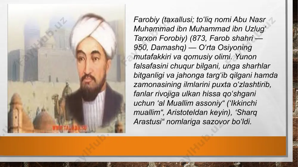 ni bo`lib, xalqimiz boy madaniy merosga, yuksak qadriyatlarga ega xalqdir. buyuk bobomiz amir temur, jahonga mashhur mutafakkirlarimiz muhammad muso al-xorazmiy, abu rayhon beruniy, abu ali ibn sino, abu nasr forobiy, abu abdulloh muhammad ibn ismoil al- buxoriy, аl-marg‘inoniy, ahmad yassaviy, najmiddin kubro, abduxoliq g‘ijduvoniy, bahovuddin naqshband, ahmad alfarg‘oniy, muhammad tarag‘ay ulug‘bek, zahiriddin muhammad bobur, pahlavon mahmud va yurtimizda yashab ijod etgan boshqa ko`plab siymolar jahon fani, madaniyati va sivilizatsiyasiga ulkan hissa qo`shganlar. shu sababli mamlakatimiz prezidenti sh.m.mirziyoyev o`z nutqlarida doimo xalqimiz boy madaniy merosini izchillik bilan o`rganishga, undan yoshlar ma‘naviyatini shakllantirish va rivojlantirishda foydalanishga da‘vat etib kelmoqdalar. ―yoshlarimizning mustaqil fikrlaydigan, yuksak intellektual va ma‘naviy salohiyatga ega bo`lib, dunyo miqyosida o`z tengdoshlariga hech qaysi sohada bo`sh kelmaydigan insonlar bo`lib kamol topishi, baxtli bo`lishi uchun ajdodlarimizning madaniy-ma‘naviy boyligini chuqur va har tomonlama o`rganishimiz darkor[1]. forobiy asarlari sharq va g‘arb olimlarini haligacha bilim doirasining kengligi bilan hayratga solib kelmoqda. u fanning turli sohalari …