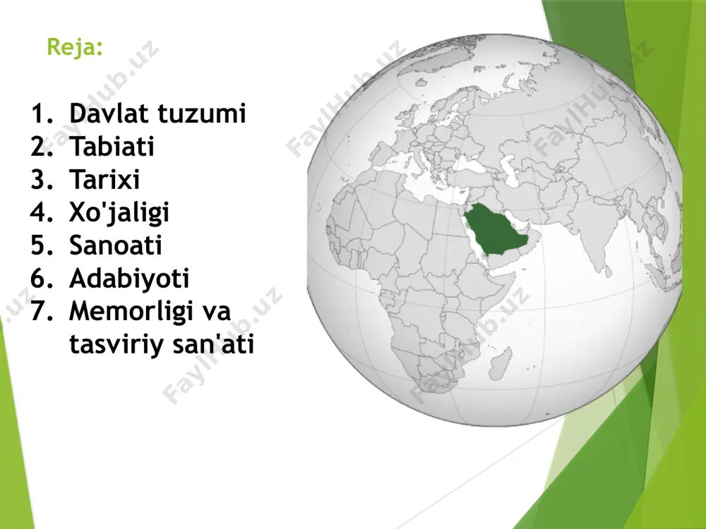 ida baʼzan temperatura — 11° gacha pasayadi. yogʻin miqdori deyarli hamma joyda 100 mm dan kam (yogʻin markaziy hududlarda bahorda, shimoliy hududlarda qishda, janubda yezda nisbatan koʻproq boʻladi), togʻlarda yiliga 400 mm ga yetadi. rubʼulxoli qumli choʻl va boshqa ayrim hududlarda oʻn yillab yogʻingarchilik boʻlmaydi. asir viloyatidagi togʻlarda yogʻin yiliga 25,5 mm ni tashkil etadi. jan.ning issiq samum shamoli bahor va yozning boshlarida qum boʻronlariga sabab boʻladi.muntazam oqib turadigan daryolar yoʻq. suv uch xil yoʻl bilan: quduqlar, yomgʻir yoki suv toshqini vaqtida hovuzlarga yigʻish va maxsus moslamalar yordamida dengiz suvini chuchuklashtirish orkali olinadi. saudiya arabistonida dunyoda eng koʻp chuchuk suv (dunyoda olinayotgan chuchuk suvning 30%) ishlab chiqariladi. yomgʻir va toshqin suvlaridan toʻliq foydalanish maqsadida 186 ta damba va umumiy hajmi 775 mln.3 boʻlgan hovuzlar kurilgan. sizot suvlar ehtiyojning 1/3 qismini qondiradi. tuprogʻi oddiy choʻl tuprogʻidan iborat, hududining katta qismida tuproq qatlami oʻrnini tuz qoplami egallaydi. shimolida dagʻal subtropik boʻz tuproq, …