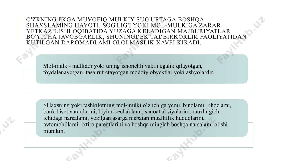 kirib o‘g‘irlik qilish va boshqa voqealar natijasida mol-mulk (3 va 7-klasslarda ko‘rsatilgandan boshqa) yo‘qotilganda yoki shikastlanganda sug‘urta qoplamasi to‘lanishini ta’minlovchi sug‘urtaning turlari jami mol-mulk sug'urtasi — sug‘urta shartnomalarini tuzish va ijro etish jarayoni bo'lib. unga muvofiq sug'urtalovchi shartnomada shartlashilgan haq (sug‘urta mukofoti) evaziga shartnomada nazarda tutilgan sug'urta hodisasi sodir bo'lganda sug'urta qildiruvchiga yoki shartnoma qaysi shaxsning foydasiga tuzilgan bo’lsa, o‘sha shaxsga sug'urtalangan mulkka yetkazilgan zarami yoxud sug'urtalanuvchining boshqa mulkiy manfaatlari bilan bog'liq zarami to'lash majburivatini oladi. “umumiy sug'urta' guruhiga kiradigan asosiy sug'urta turlarini va ulaming kichik tadbirkorlikka aralash sug'urta himoyasi taqdim etish maqsadlarida qay tarzda birgalikda foydalanish mumkin ekanligini ko'rib chiqamiz ♦ yong'indan sug'urtalashjumladan, o'ta xavfli risklardan sug'urta qilish; ♦ o'g'irlikdan sug'urta qildirish; ♦ pulni sug'urta qildirish; ♦ "barcha risklardan” sug'urta qildirish; ♦ tashuvlarni sug'urta qildirish; ♦ shisha (oyna) sinishini sug'urta qildirish; ♦ paketli polislar; ♦ uy egalarini sug'urta qildirish. yong'indan sug'urta qilishni olov bilan bog'liq bo'lmagan risklami qoplashni ta’minlaydigan …