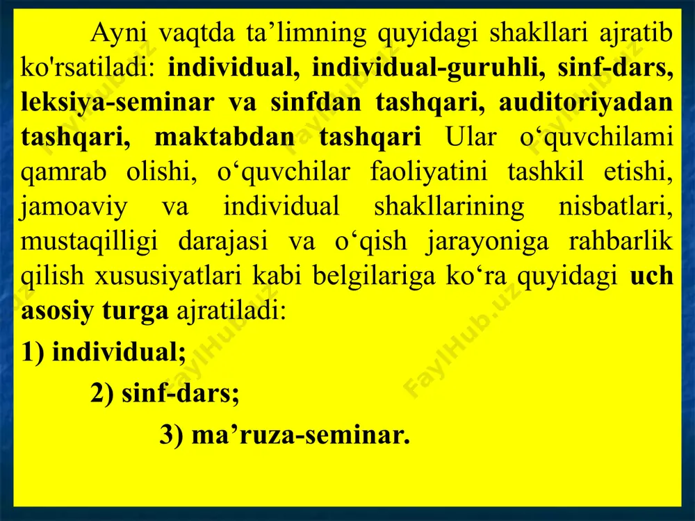 iy va shaxsiy ehtiyojlarni hisobga olish bilan mazmunini optimallashtirish. tarbiyaviy talablar o'quv materialining tarbiyaviy imkoniyatlarini aniqlash, darsdagi faoliyat, aniq erishilishi mumkin bo‘lgan tarbiyaviy maqsadlarni shakllantirish. rivojlantiruvchi talablarga o‘quvchilarda o‘quv-bilish faoliyati ijobiy sifatlari, qiziqish, ijodiy tashabbuskorlik va faollikni shakllantirish hamda rivojlantirish, o‘quvchilaming idrok etish imkoniyatlari darajasini o'rganish, hisobga olish, “rivojlanishning yaqin zonasini loyihalashtirish”, “o‘zib ketish” darajasidagi o‘quv mashg‘ulotlarini tashkil etish kabilar kiradi. didaktik g‘oyalar jamiyat taraqqiyoti jarayonida yangi g‘oyalar bilan boyib, takomillashib boraveradi. shu sababli ham ta’lim turlari o‘quv jarayonini tashkil etish va uni amalga oshirishga nisbatan turlicha yondashuvlar asosida shakllantiriladi. pedagogik tizimlarning asosiy turlari quyidagilardir: • arxaik (ibtidoiy); • qadimgi (shumer, misr, xitoyda - eramizdan avvalgi uchinchi mingyillik); • avestit (baqtiriya, sug‘diyona, xorazmda - eramizdan avvalgi vii-vi asrlar); • yunon (ellins, rim-yunon, rim - eramizdan avvalgi v-i asrlar); • o‘rta asr (dogmatik, sxolastik v-xvi asrlar); • ta’limning yangi turlari (tushuntirish, tushuntirishli-ko‘rgazmali, dasturlashtirilgan, masofali o‘qitish, muammoli-dasturlashtirilgan. ta’lim turlari hozirgi vaqtda, respublikamizda …