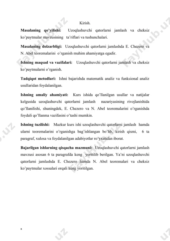 an qator qismiy yig'indilarini sn va bu yig'indilar limitini s orqali belgilaymiz. ravshanki, shunday ekan, ixtiyoriy n nomerni tayinlab, (2) o'rta arifmetiklar va qator yig'indisi ayirmalari uchun n n bo'lganda quyidagi - mıınosabatga ega bo'lamiz. shartga köra f { —s} ketma-ketlik cheksiz kichik va shu sababli chegaralangan, ya'ni m, k = 1,2,3,... bundan tashqari, istalgan > 0 uchun kn n() bo'lganda , k= n, n + 1, n +2,. tengsizlik bajariladi. demak, - = bundan chiqdi, va > 0 ning ixtiyoriyligidan yııqori limitning nol ekani kelib chiqadi. shunday qilib, { ketma-ketlikning limiti mavjud va u nolga teng ekan. bu esa, o'z navbatida, o'rta arifmetiklarning s soniga yaqinlashishini anglatadi. eslatma. isbotlangan teorema o'rta arifmetiklar usulining regulyarligi haqidagi teorema deb ataladi. ravshanki, teskari tasdiq o'rinli emas, chunki chezaro usuli bilan jamlanadigan uzoqlashuvchi qatorlar mavjud. misol tariqasida (1) qatorni olish mumkin. 2. n. abel teoremasi; qatorlarni umumlashgan jamlashning n. abel nomi bilan bog'liq …