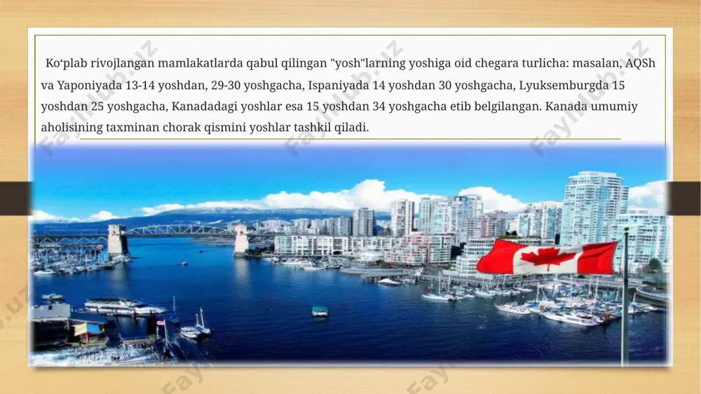 idoralari hamda koʻplab xususiy, davlat va notijorat tashkilotlari oʻrtasida hamkorlik tashabbusi yoʻlga qoʻyilgan. ushbu tashabbus doirasida 2 ta dastur ishlab chiqilgan: 1) yoshlarni ishga joylashtirishda ish beruvchilarga moliyaviy yordam ko'rsatadi. 2) skills link dasturi turli sabablarga ko'ra ish topishda qiyinchiliklarga duch kelayotgan yoshlarga (mahalliy aholi, nogironlar, yaqinda kelgan muhojirlar, qishloq va noqulay hududlardan kelgan yoshlar) yordam berish uchun tashkilotlarga mablag' ajratadi. kanadaning yoshlarga oid siyosati yoshlar natijalarini yaxshilashga va federal qarorlar qabul qilish jarayoniga yoshlarni jalb qilishga qaratilgan yaxlit hukumat yondashuvidir. yoshlarni qo'llab-quvvatlash hamkorlikda yondashuvni talab qiladi, chunki ular duch keladigan muammolar murakkab va o'zaro bir biriga bog'liqdir. kanadaga kelganimizda, bu yerdagi yoshlar zerikmaydi, deb bemalol ayta olamiz. mamlakatda sport bilan shug‘ullanish uchun keng imkoniyatlar yaratilgan. bundan tashqari, yoshlarga dam olish kunlari uchun ko'ngilochar maskanlar, barlar, zamonaviy tungi klublar va diskotekalar xizmat koʻrsatadi. xulosa. xulosa qilib shuni aytishimiz mumkinki, bugungi kunda kanadaning yoshlari nafaqat iqtisodiy, balki ijtimoiy-siyosiy institutlarni ham o‘zlashtirmoqda. …