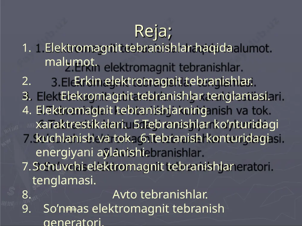 a keltiriladi. kalit 2-holatga o’tkazilganda kondensator razryadlana boshlaydi va induktiv g’altakdan o’tgan tok unda o’z induksiya eyukni vujudga keltiradi. t o'z  ll elektromagnit tebranishlarning haraktrestikalari. elektromagnit tebranishlar tenglamasi erkin garmon tebranishlarning differentsial tenglamasiga o’xshaganligi bo`ladi. bu erda q0 – kondensator qoplamalaridagi maksimal zaryad, w0 –kontur xususiy tebranishlarining siklik chastotasi. nafaqat kondensator qoplamalaridagi zaryad, balki ko’nturdagi kuchlanish va tior kuchi ham garmonik qonunlarga muvofiq o’zgaradi: 0 0 sababli uning yechimi. qq sin(t  ) ko`rinishga ega 0 0 0 0 u q/cq /c(sin(t ))u sin( t ) 0 0 0 0 i (q)/(t)q cos(t  ) i cos( t  ) umuman olganda, real tebranish konturlari aktiv qarshlikka ham ega bo’lib, konturda to’plangan energiyani bir qismi issqlik ajralishiga ham sarflanadi (2-rasm). natijada tebranish amplitudasi sekin kamayadi va konturdagi tebranish so’nadi.real tebranish konturi uchun om qonunining ko’rinishi quyidagicha bo’ladi. l(i)/(t)irq/c yoki l(i)/(t)irq/c0 2-rasm avtotebranishlar. tebranishlarni so’nmaydigan qilib tutuib turish texnikada muhim …
