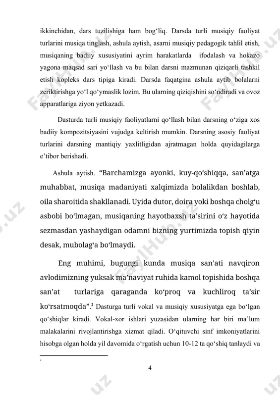 hkamlanib, sifati o‘zgarib, murakkab ashula repertuarida rivojlanadi. vii-sinf o‘quvchilariga alohida e’tibor berish kerak, chunki bu yoshda ko‘pchilik o‘g‘il bolalarda ham, qiz bolalarda ham mutatsiya davri avj oladi. bu vaqtda 13-14 yoshdagi o‘g‘il bolalarning ovozi keskin o‘zgaradi. ayniqsa o‘g‘il ovozi bolalar ovozlari pasaya borib, ovoz diapozioni o‘rta hisob bilan oktava darajasiga tushib qoladi. hatto ovoz o‘zgargandan keyin, ya’ni mutatsiyadan so‘nggi dastlabki darvda ham ovoz diapozioni ko‘pincha cheklangan bo‘ladi, bu ovozning tembr xususiyatlari noaniq bo‘ladi. bular repertuarni tegishli suratda cheklash va puxta tanlash zaruratni keltirib chiqadi. bu vaqtda ko‘proq, ikki ovozi repertuar tavsiya qilinadi. o‘g‘il bolalar soprano yoki alt ovozi bilan aytiladigan ashulani bir oktava ohangda takrorlash mumkin. bu yoshdagi ba’zi o‘g‘il bolalar hali bolalar ovozi bilan, ya’ni soprano va alt ovozlariga mos keladigan ovoz bilan ashula aytivchilarning diapozioni ham, erkakcha ovoz bilan ashula aytivchilarning diapozoni ham cheklangan. (ba’zan kvinta seksta darajasida, do1 –lya –bemol, -lya1 oralig‘ida) bo‘lishi mumkin. shuning uchun ham …