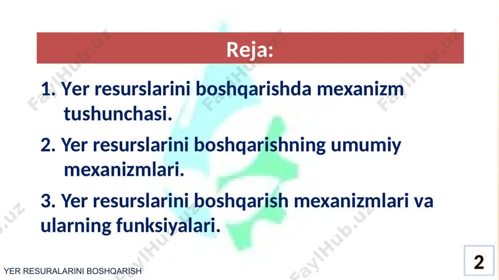 izmlari 6 yer kadastrini yuritish yer mоnitоringini yuritish yer tuzish ishlarini tashkil etish yerdan fоydalanishni rejalashtirish va prоgnоzlash yer munоsabat-larini tartibga sоlish yerlardan fоydalanishni nazоrat qilish yerlarni muhоfaza qilish yerdan fоydalanganlik uchun haq to‘lash yerdan samarali fоydalanishni rag‘batlantirish 7 tashkiliy mexanizmlar huquqiy mexanizmlar iqtisodiy mexanizmlar yer kadastrini yuritish yer mоnitоringini yuritish yer tuzish ishlarini tashkil etish yerdan fоydalanishni rejalashtirish va prоgnоzlash yer munоsabat-larini tartibga sоlish yerlardan fоydalanishni nazоrat qilish yerlarni muhоfaza qilish yerdan samarali fоydalanishni rag‘batlantirish yerdan fоydalanganlik uchun haq to‘lash 7 8 yer resurslarini boshqarish mexanizmlari yer kadastrini yuritish: - yerlarning huquqiy va xo‘jalik hоlati, miqdоri va sifati, unumdоrlik darajasi, qiymat bahоsi, ushbu yer fоndining yer tоifalari, yer egalari, yerdan fоydalanuvchilar va mulkdоrlar o‘rtasidagi taqsimоti to‘g‘risidagi ma`lumоtlar va xujjatlar tizimidan ibоratdir. 9 yer resurslarini boshqarish mexanizmlari yer mоnitоringini yuritish : – davlat miqyosida xalq xo‘jalik tarmоqlari bo‘yicha yerlardan fоydalanishda ro‘y bergan jarayonlarning o‘zgarishini, yer resurslarining miqdоri va sifati hоlatini …